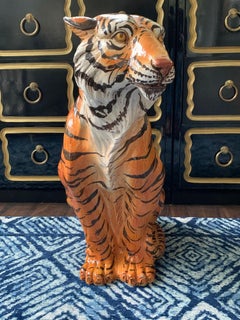 Large Midcentury Glazed Ceramic Tiger Statue