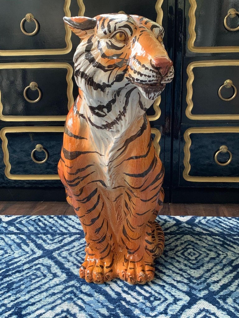 Large Midcentury Glazed Ceramic Tiger Statue at 1stDibs
