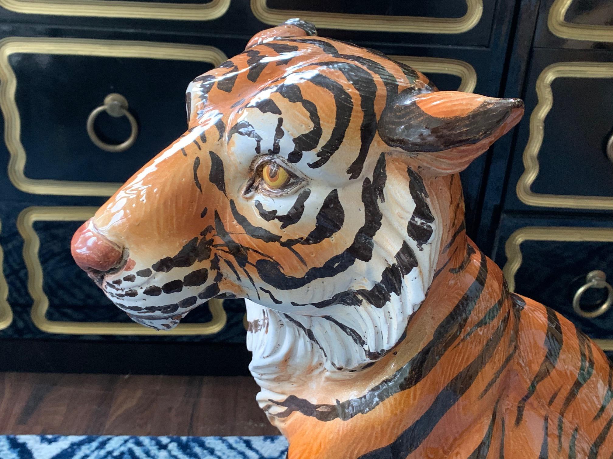 Hollywood Regency Large Midcentury Glazed Ceramic Tiger Statue