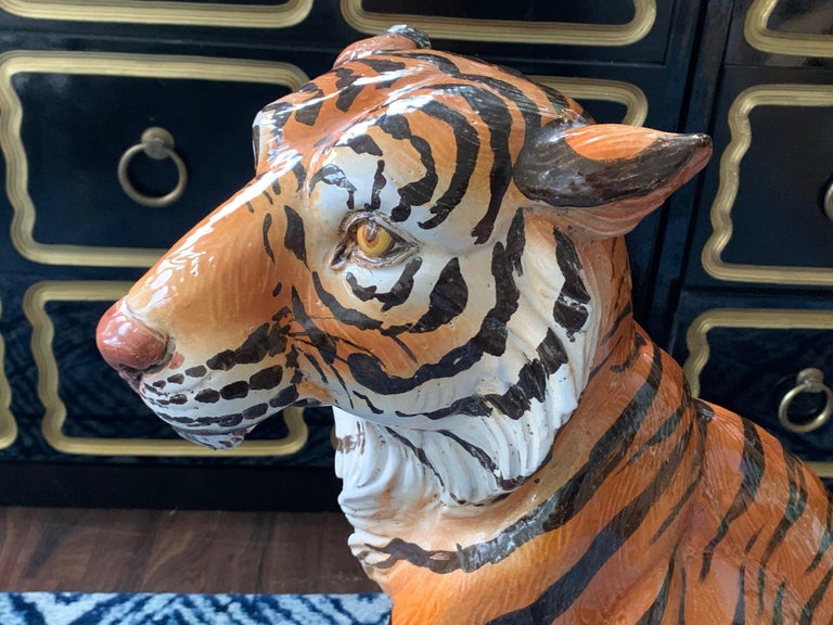 Large Midcentury Glazed Ceramic Tiger Statue at 1stDibs