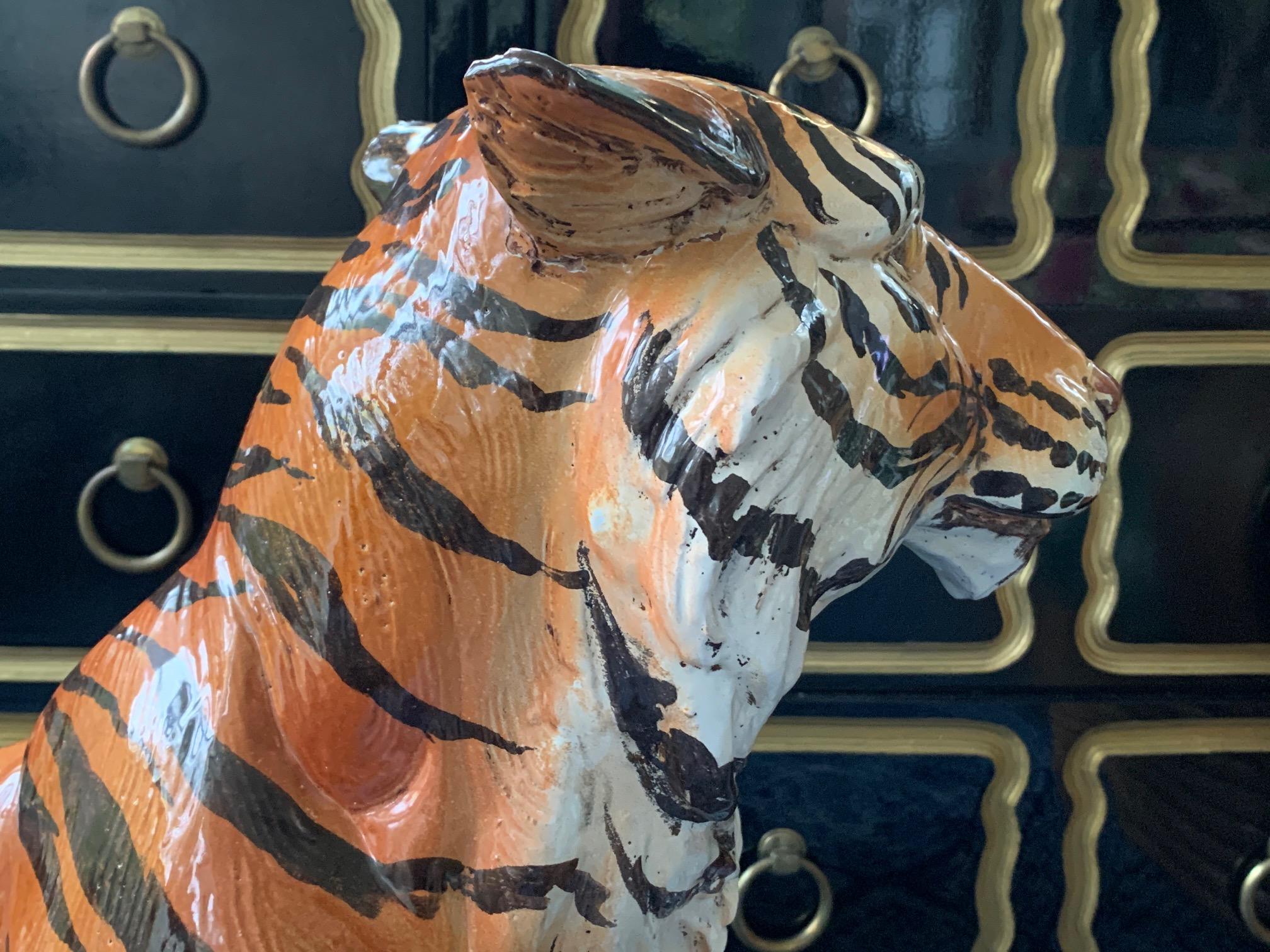 Large Midcentury Glazed Ceramic Tiger Statue In Good Condition In Jacksonville, FL