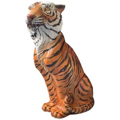 Large Midcentury Glazed Ceramic Tiger Statue
