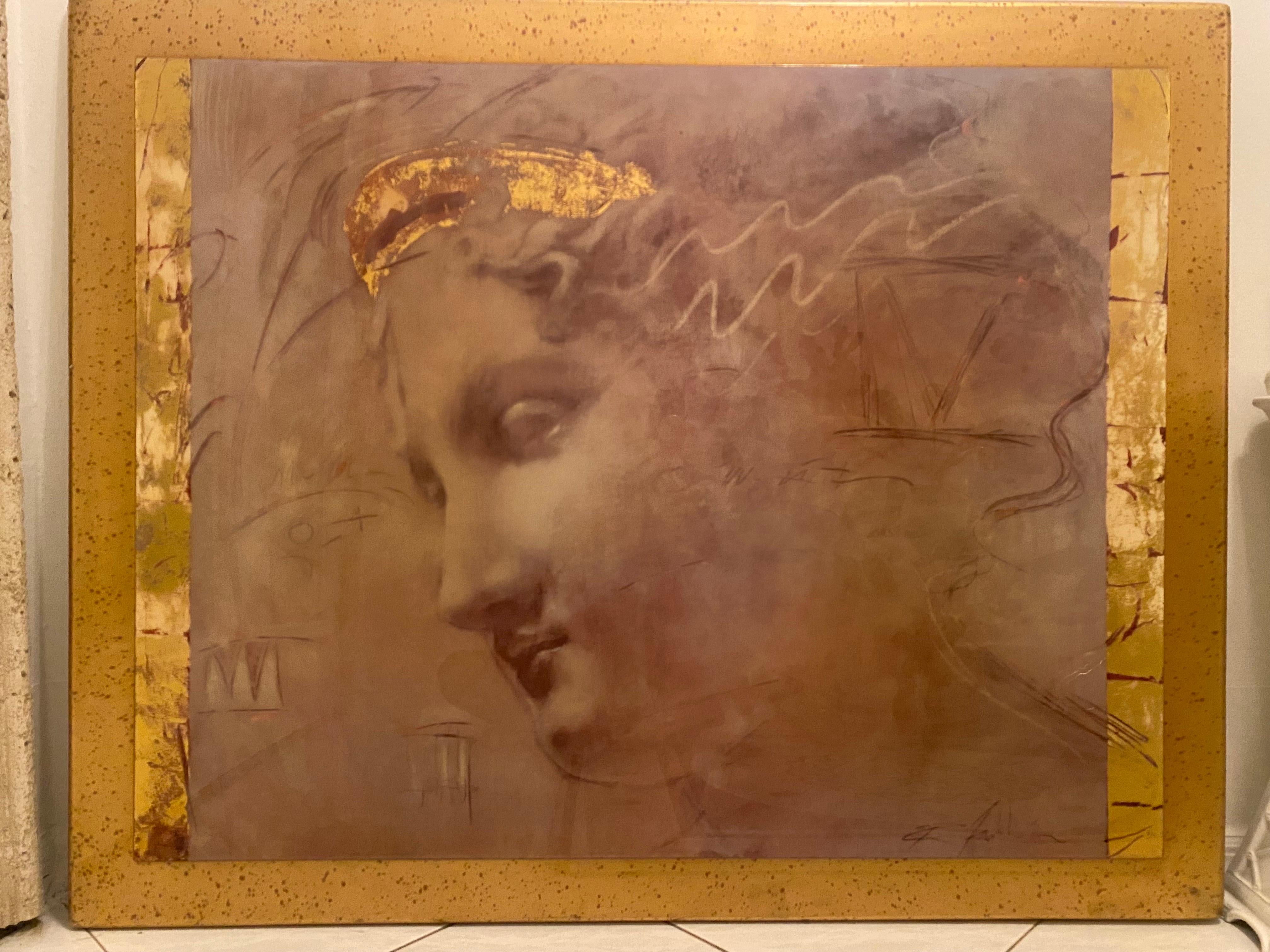 Grande peinture du milieu du siècle en feuilles d'or avec cadre personnalisé en feuilles d'or en vente 3