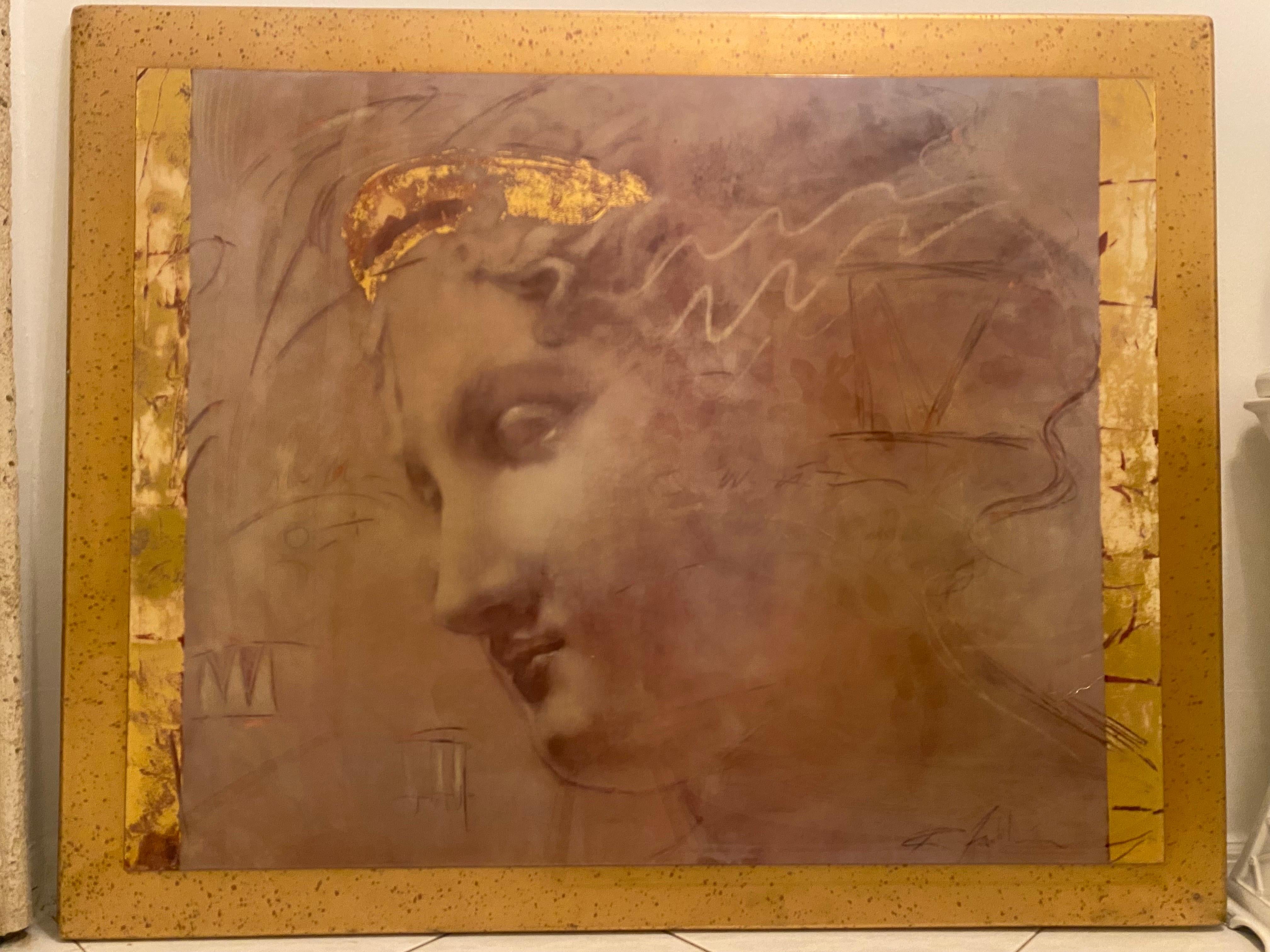 Grande peinture du milieu du siècle en feuilles d'or avec cadre personnalisé en feuilles d'or en vente 4