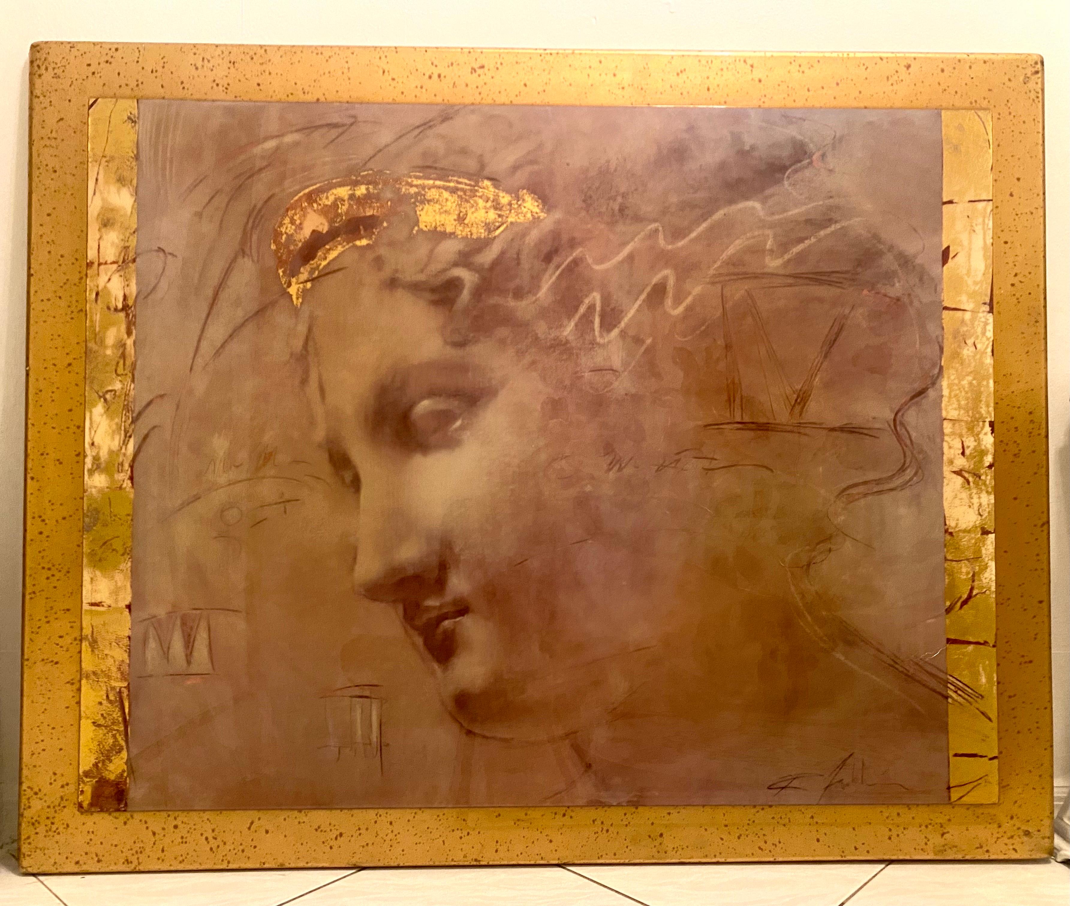 Large Mid-Century Gold Leaf Painting with Gold Leaf Custom Frame For Sale 3