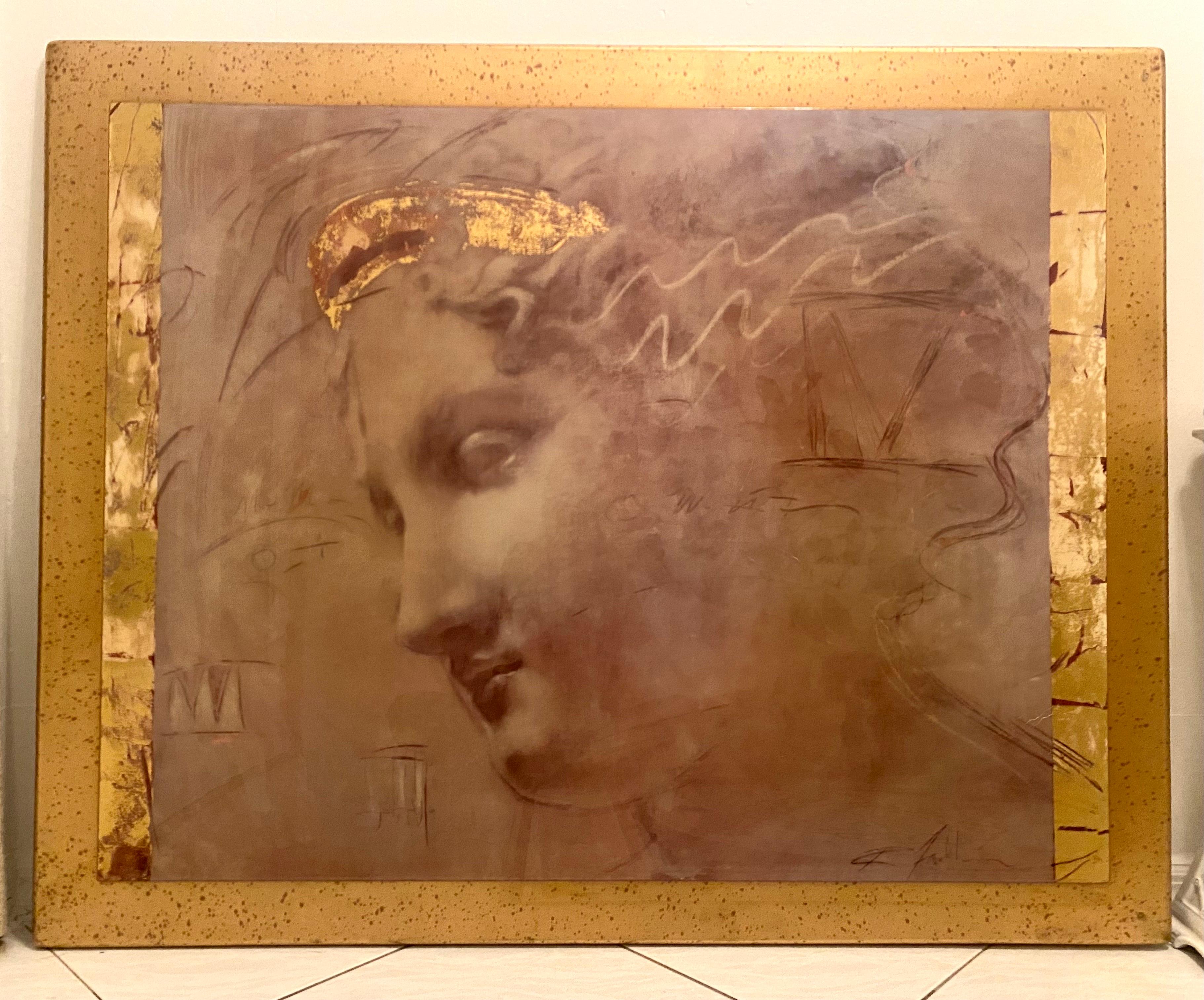 Grande peinture du milieu du siècle en feuilles d'or avec cadre personnalisé en feuilles d'or en vente 6
