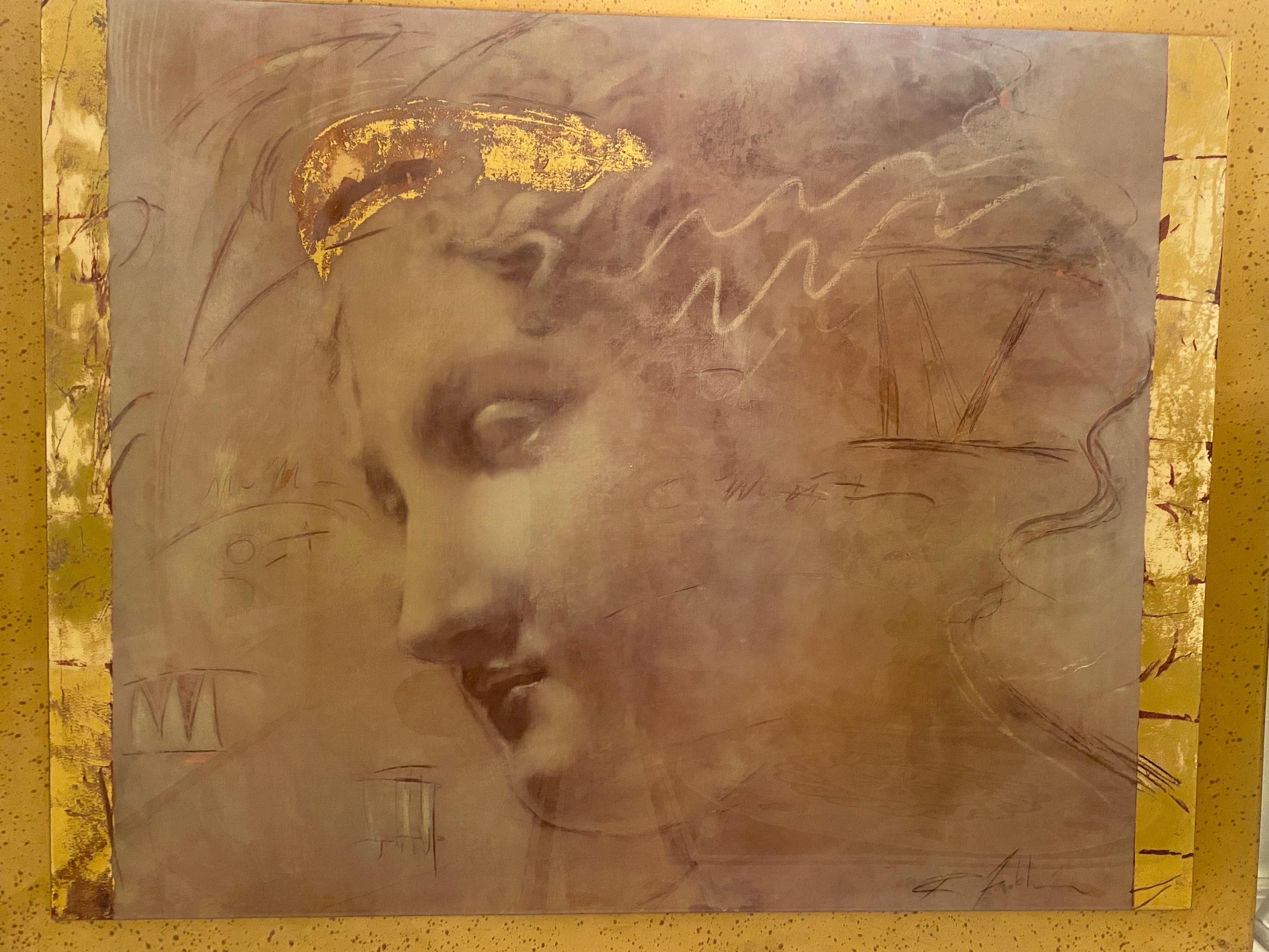 Grande peinture du milieu du siècle en feuilles d'or avec cadre personnalisé en feuilles d'or en vente 9