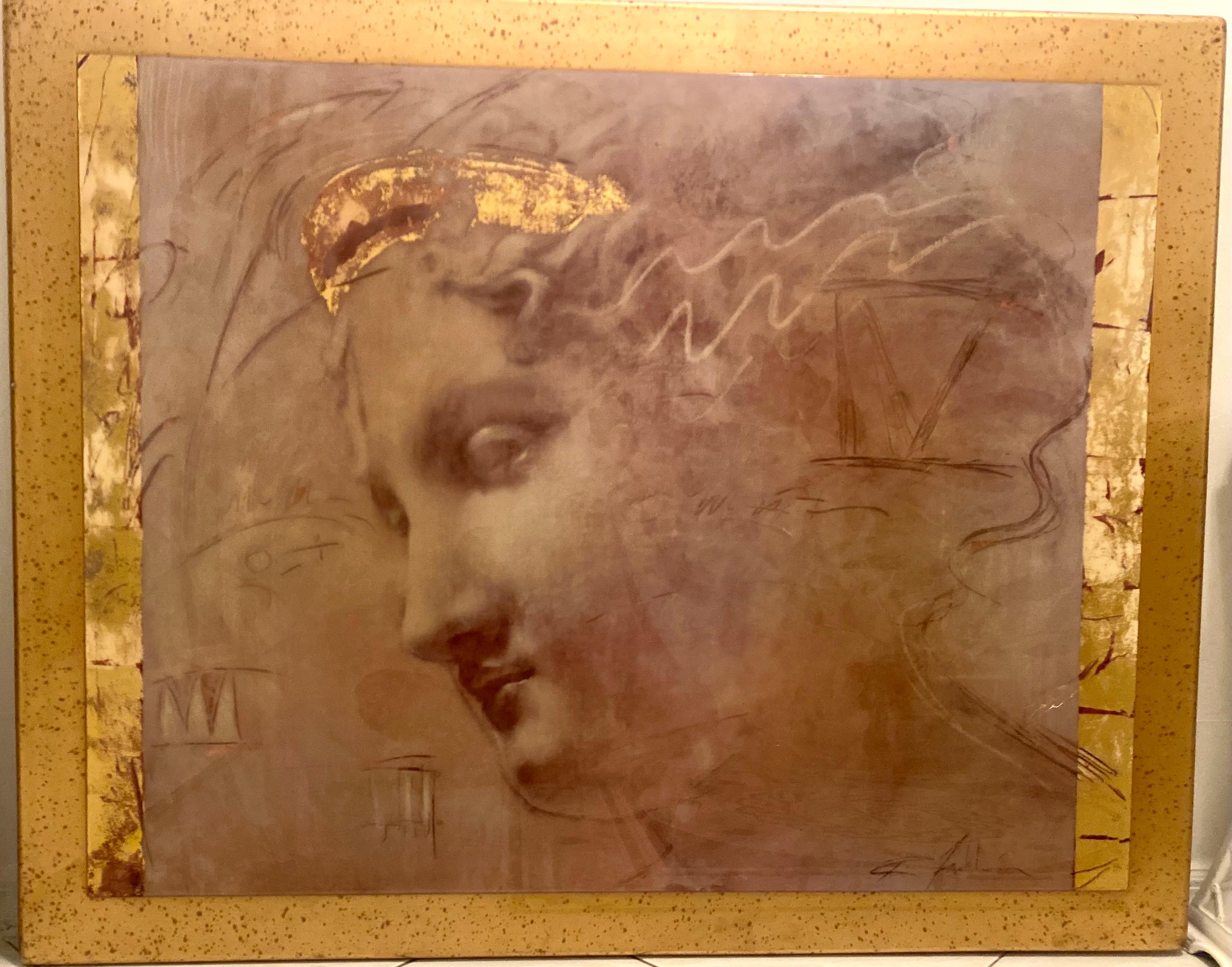 Grande peinture du milieu du siècle en feuilles d'or avec cadre personnalisé en feuilles d'or en vente 10