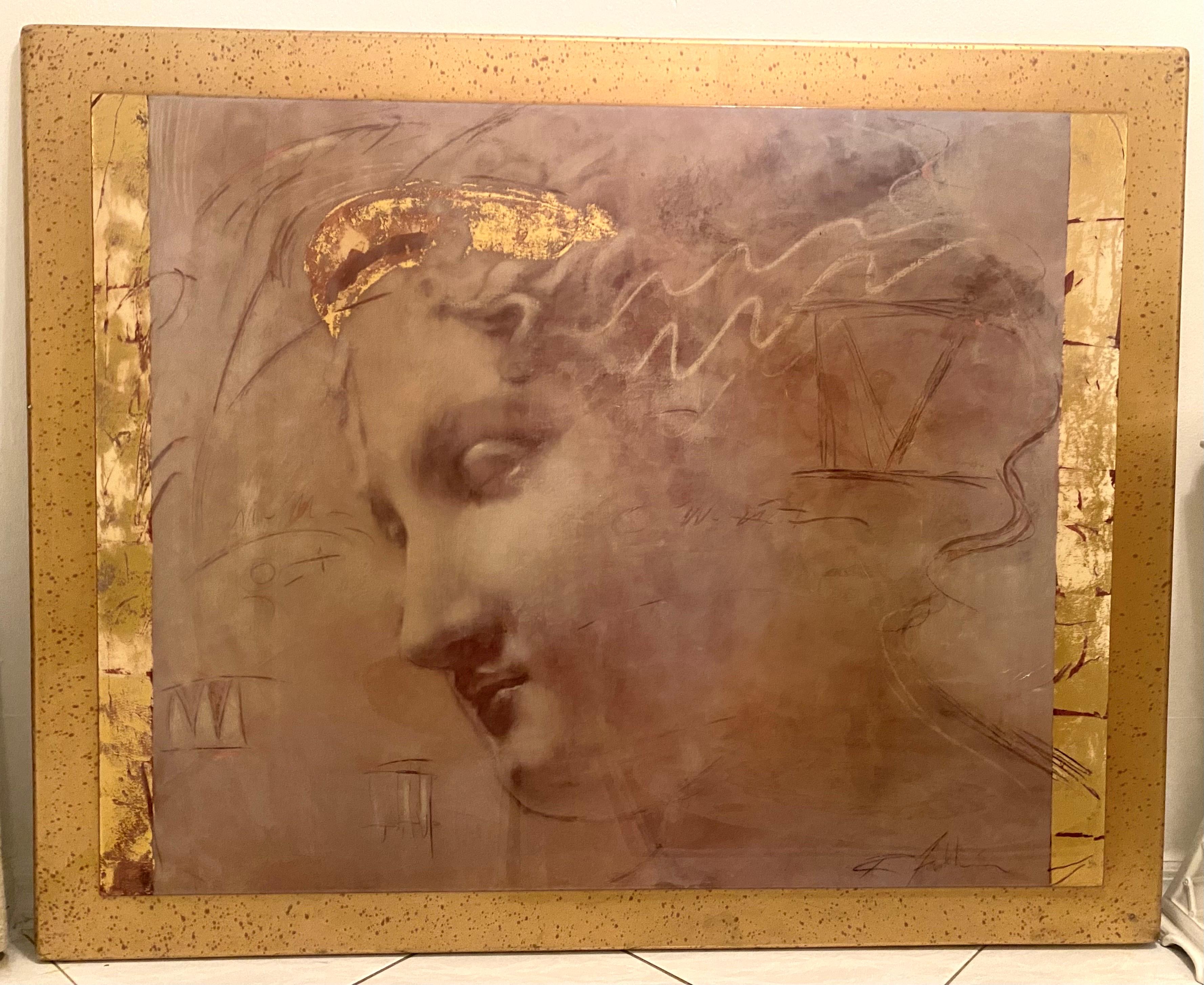 Grande peinture du milieu du siècle en feuilles d'or avec cadre personnalisé en feuilles d'or en vente 11