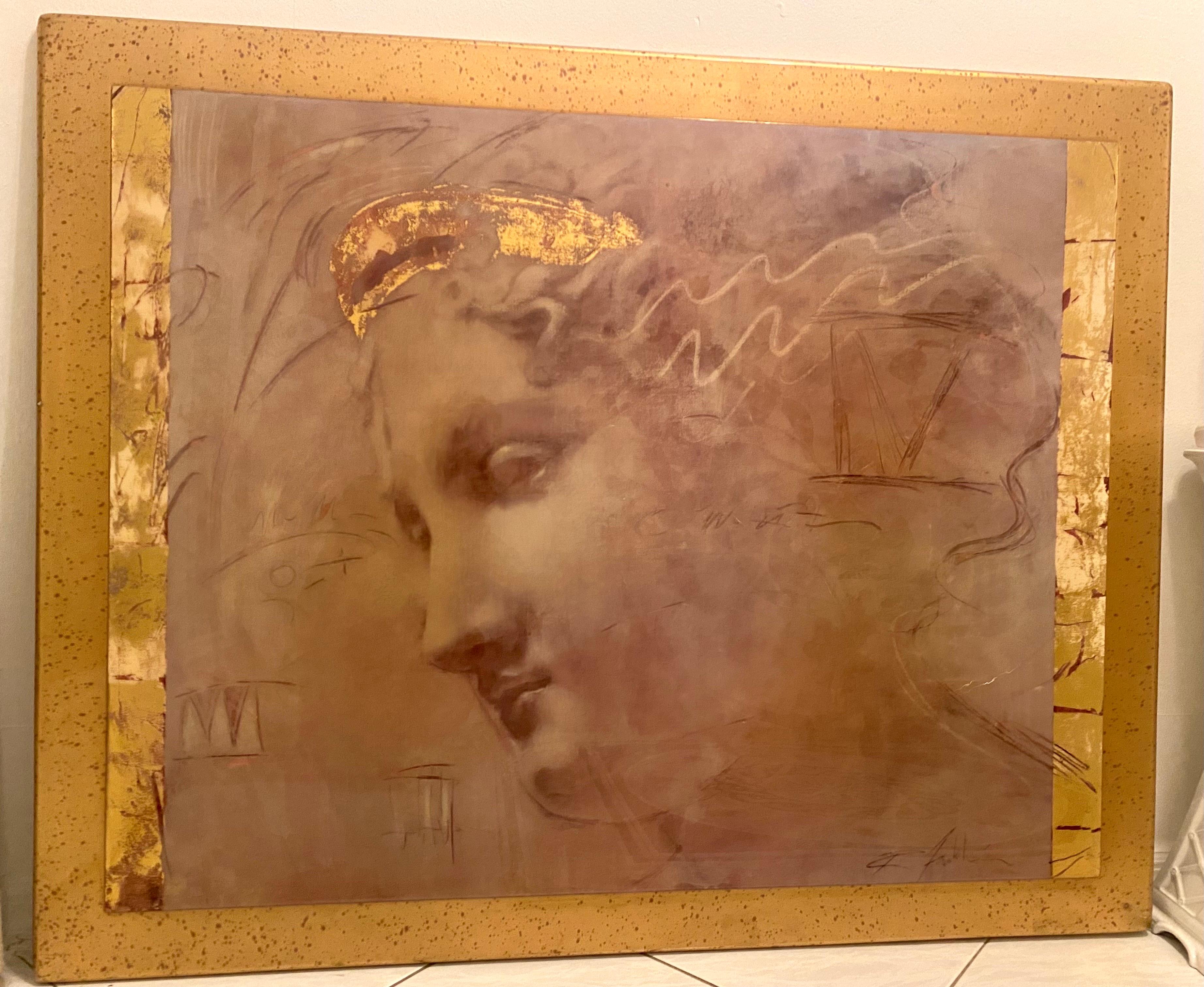 Large and remarkable painting with watercolor, charcoal, pastel crayon and gold leaf techniques. The custom hand made frame is gilt wood with lacquer. The piece is in very good condition and highly decorative and reminiscent of ancient Greece or