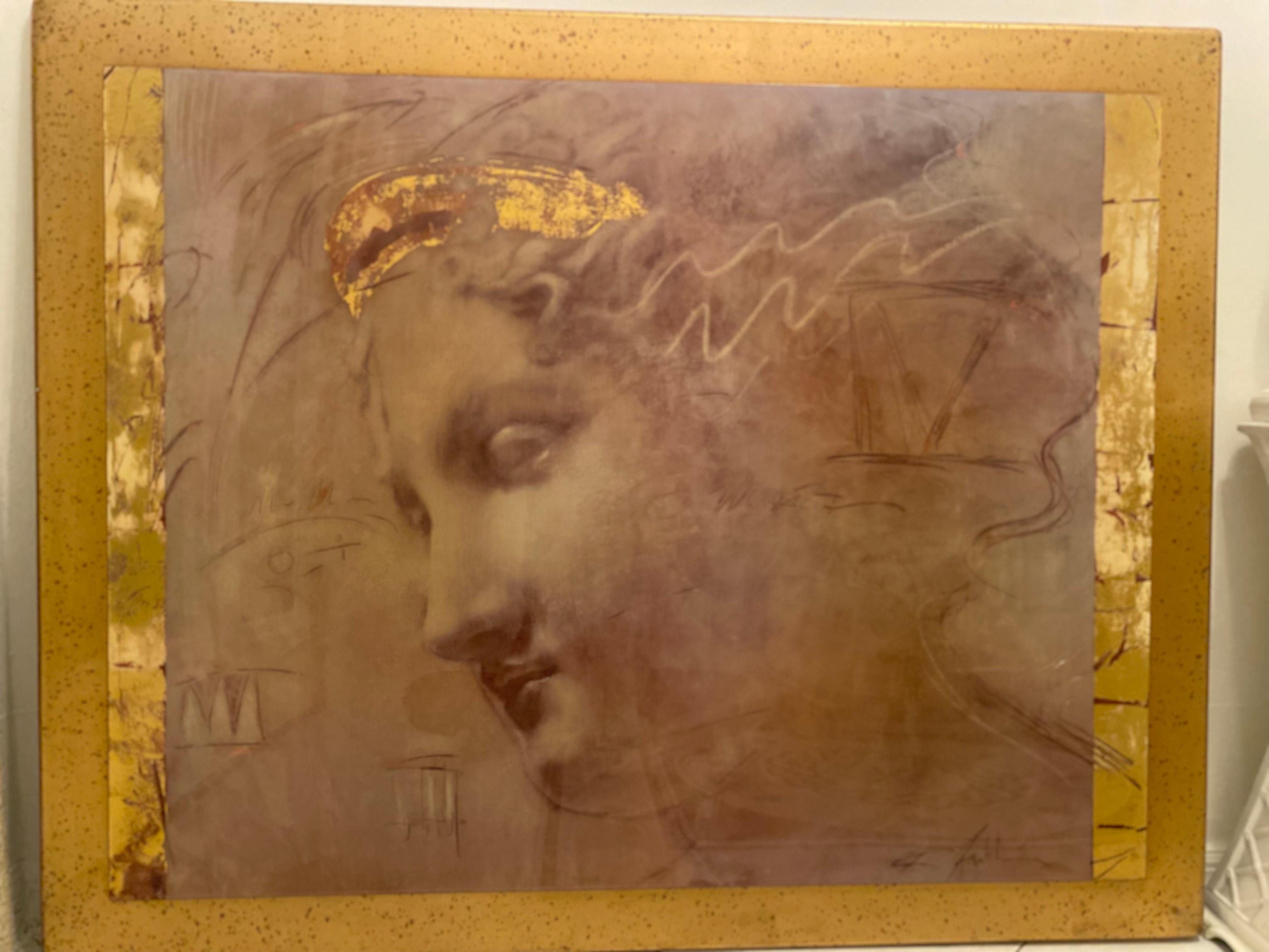 Grande peinture du milieu du siècle en feuilles d'or avec cadre personnalisé en feuilles d'or en vente 13
