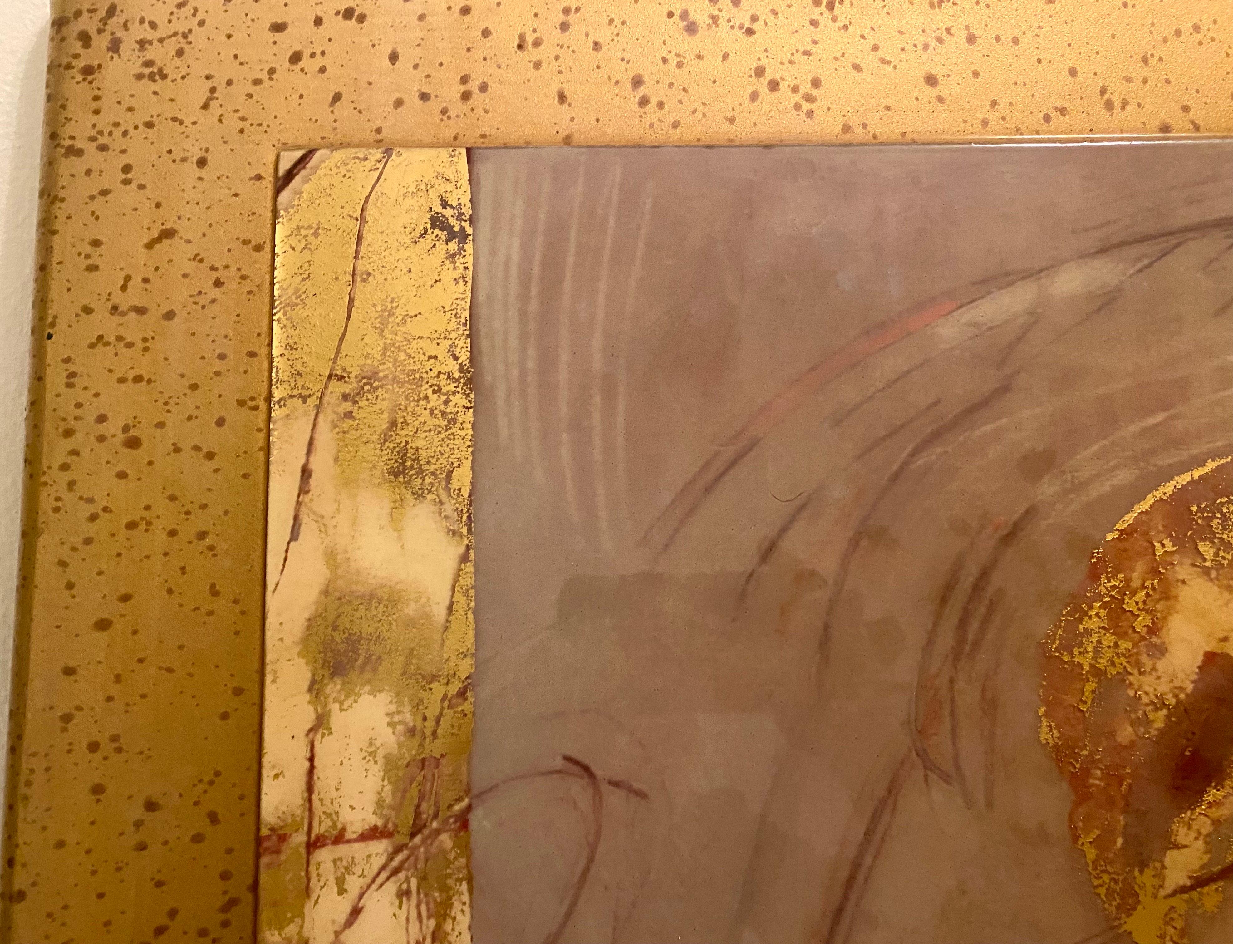 Grande peinture du milieu du siècle en feuilles d'or avec cadre personnalisé en feuilles d'or Bon état - En vente à Miami, FL