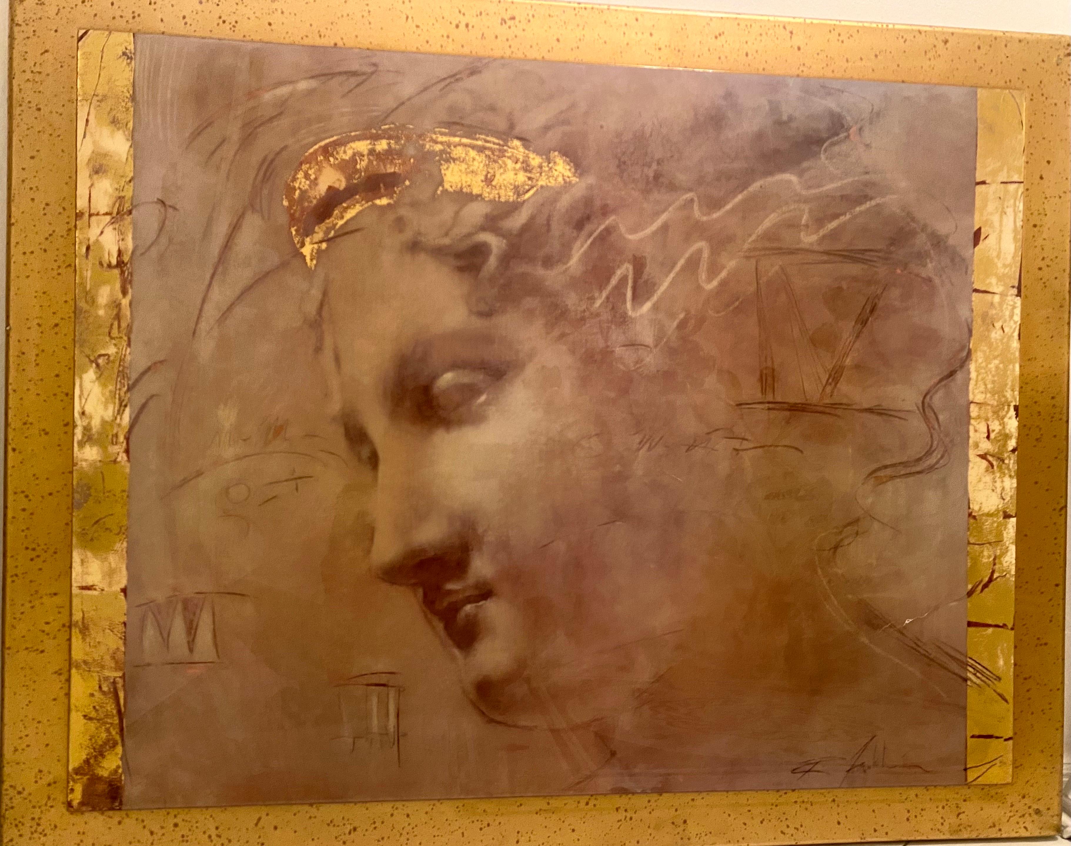 Grande peinture du milieu du siècle en feuilles d'or avec cadre personnalisé en feuilles d'or en vente 1