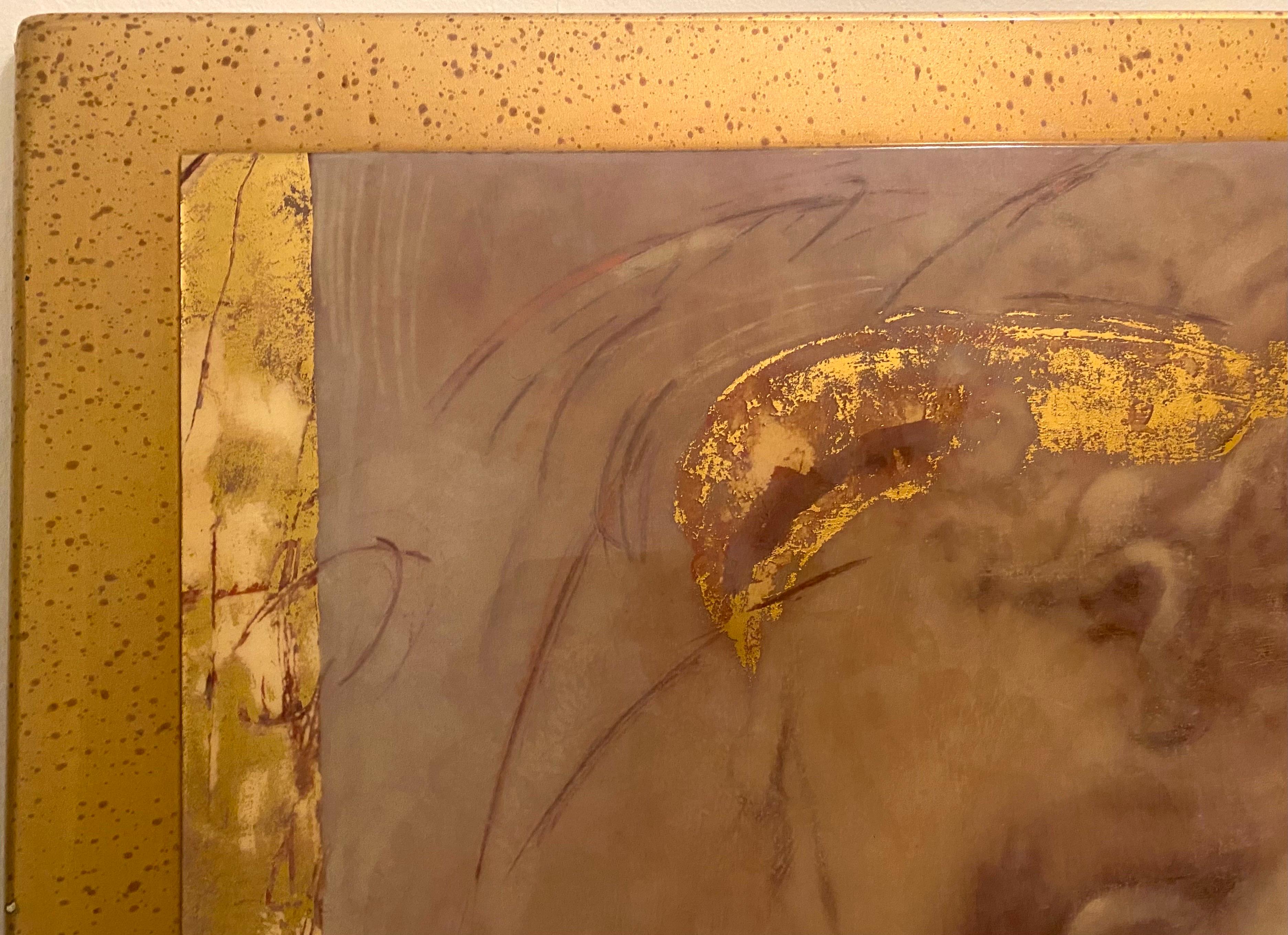 Grande peinture du milieu du siècle en feuilles d'or avec cadre personnalisé en feuilles d'or en vente 2