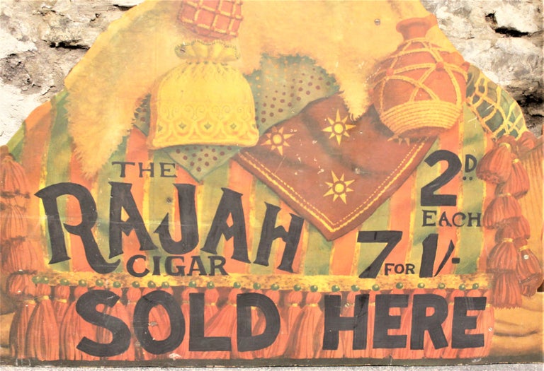 This very large and colorful placard sized store display sign was presumed to have been made in the United States for the Gran Habano Cigar Company of Honduras in the 1960s to advertise their Persian King Rajah cigar line. The sign is a paper print