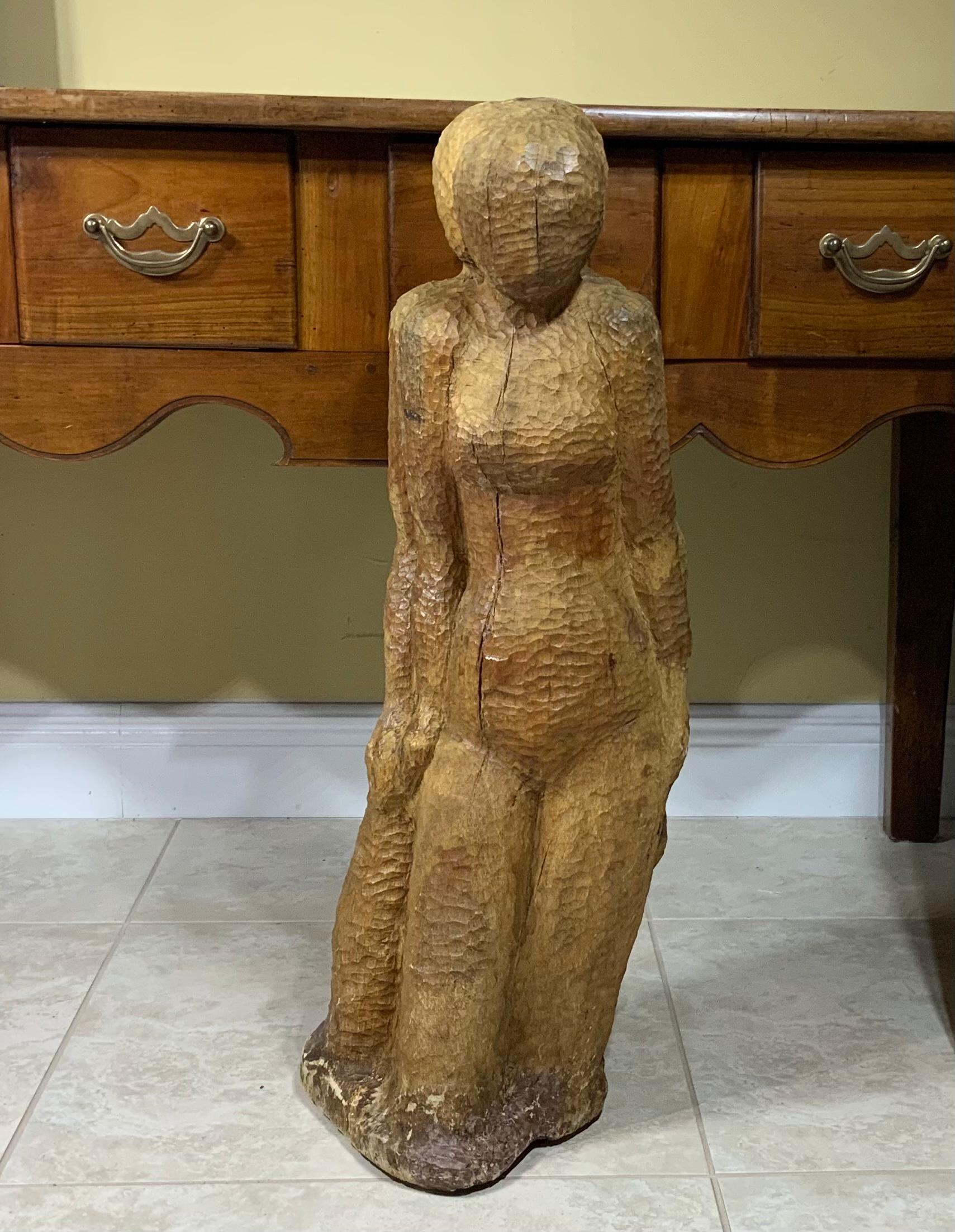 Unknown Large Mid Century Hand Carved Cubist Wood Sculpture For Sale