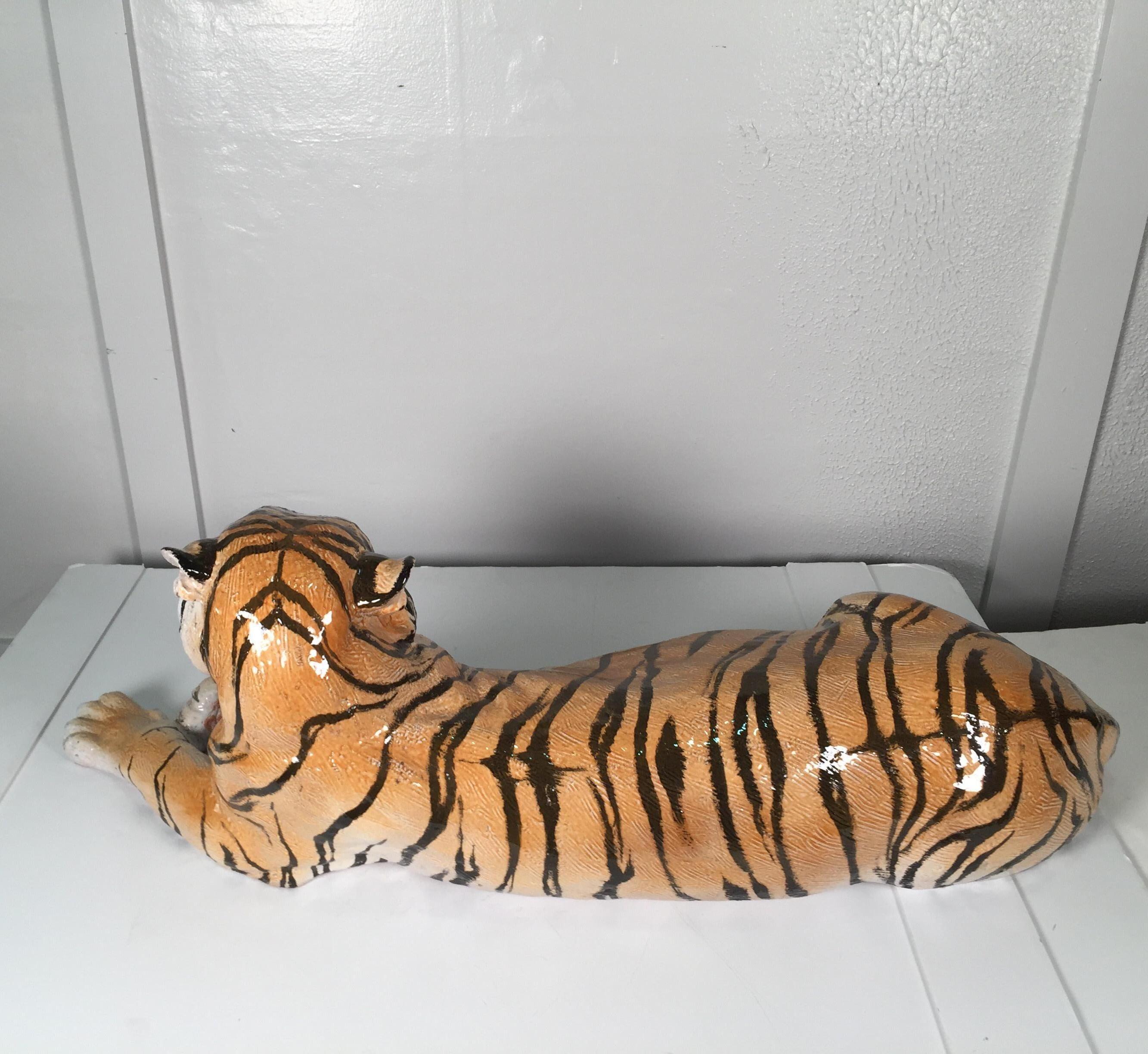 Large Midcentury Hand Painted Terra-Cotta Tiger, Signed on Base Made in Italy 3