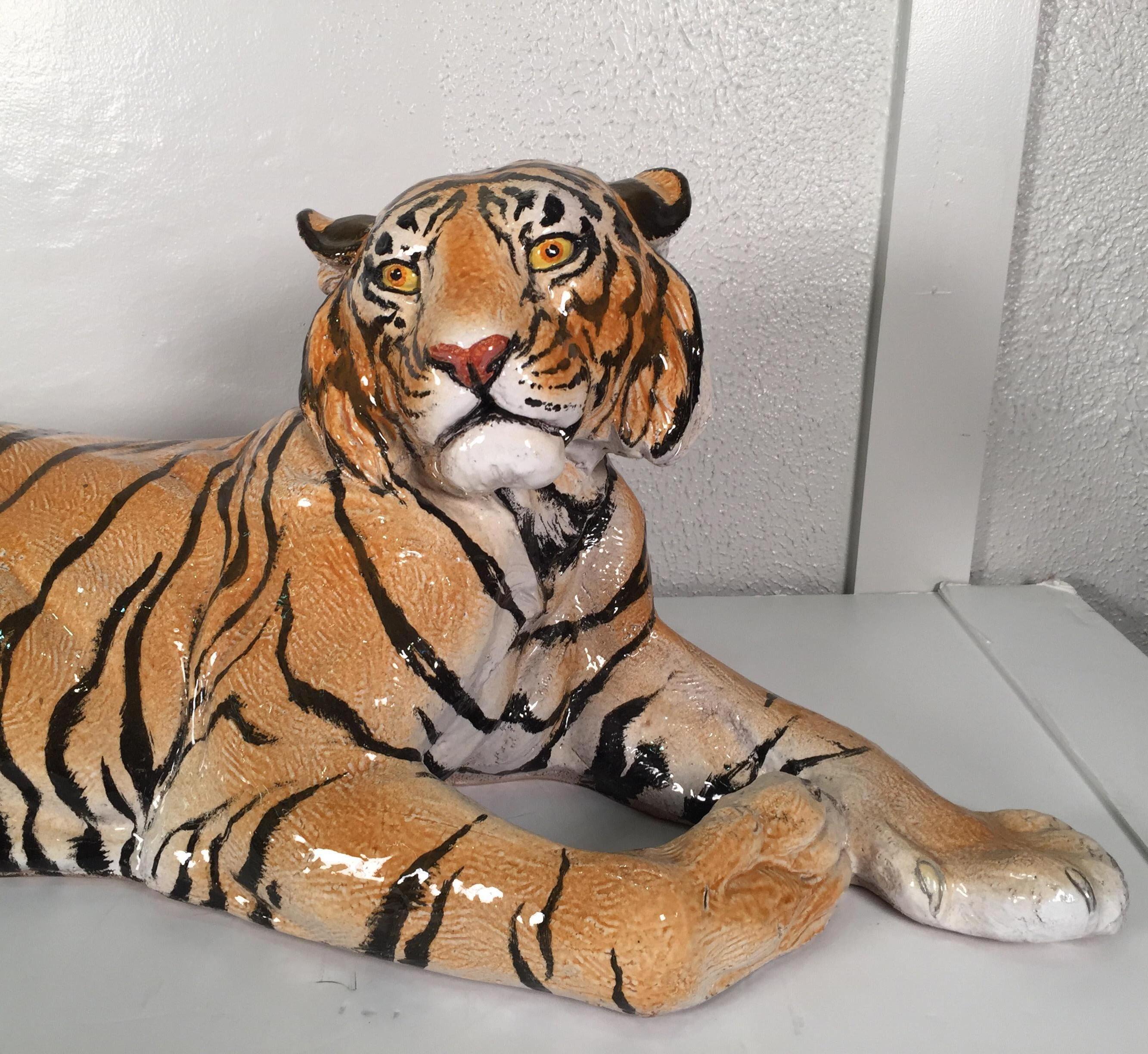 Italian Large Midcentury Hand Painted Terra-Cotta Tiger, Signed on Base Made in Italy
