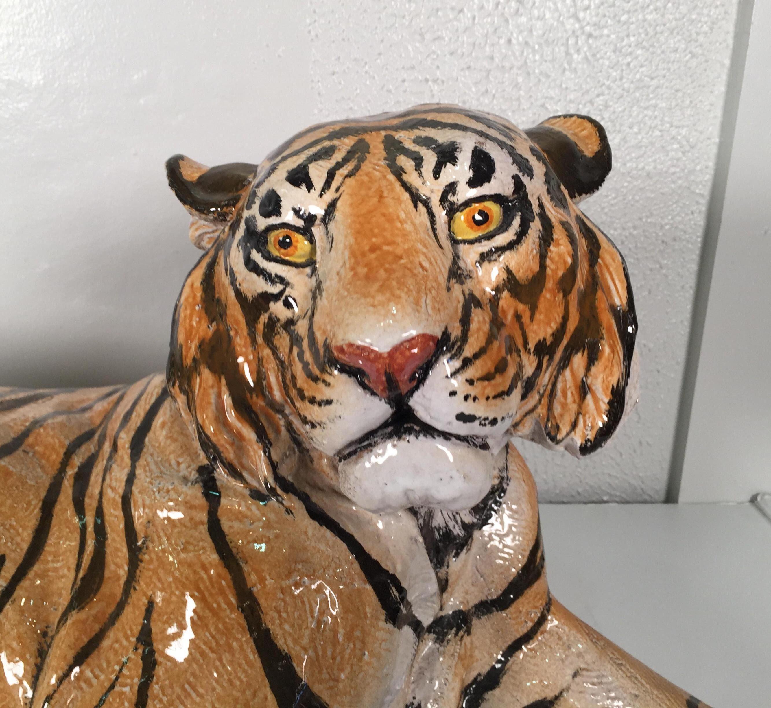 Hand-Painted Large Midcentury Hand Painted Terra-Cotta Tiger, Signed on Base Made in Italy