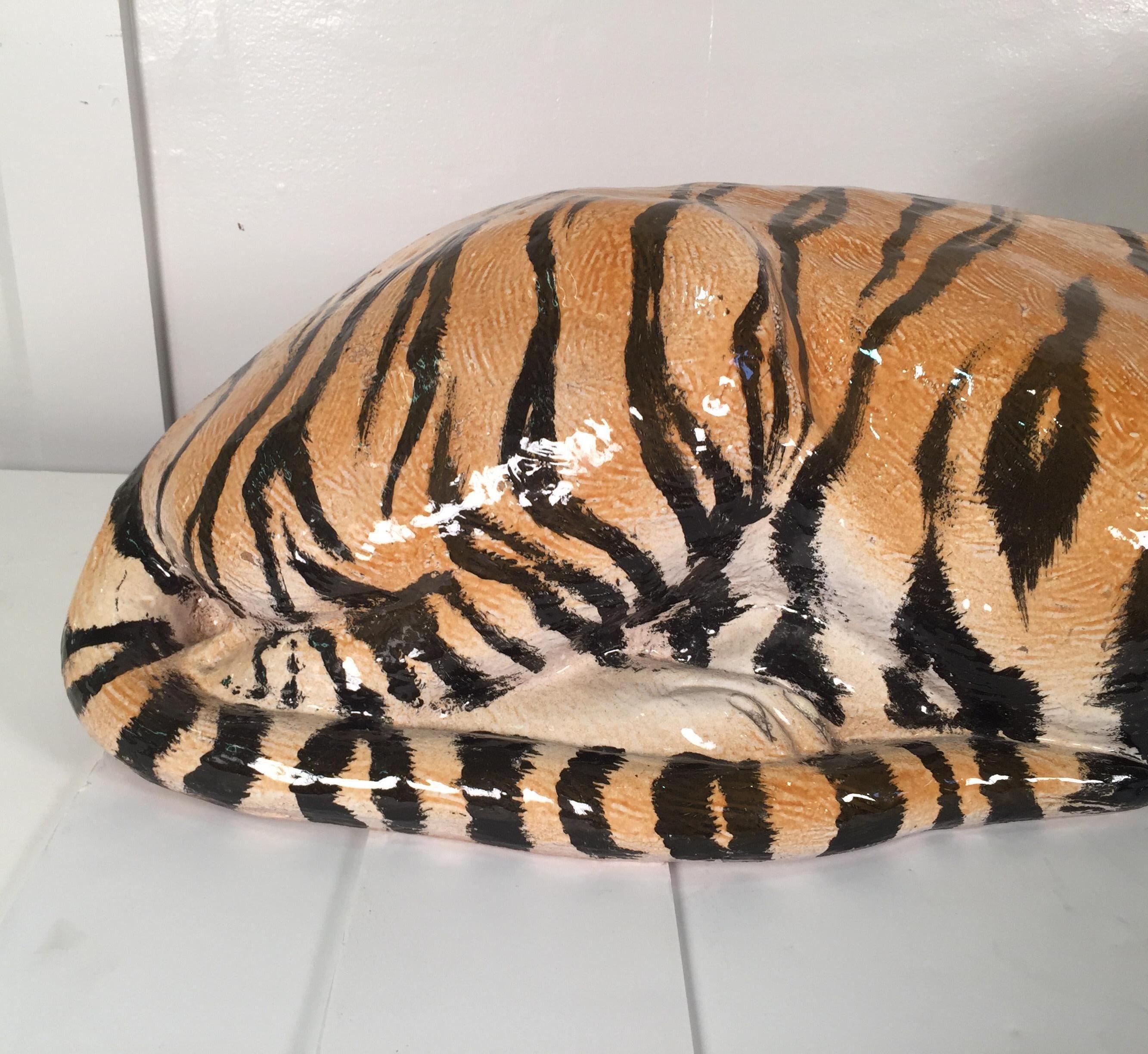 Large Midcentury Hand Painted Terra-Cotta Tiger, Signed on Base Made in Italy In Excellent Condition In Lambertville, NJ