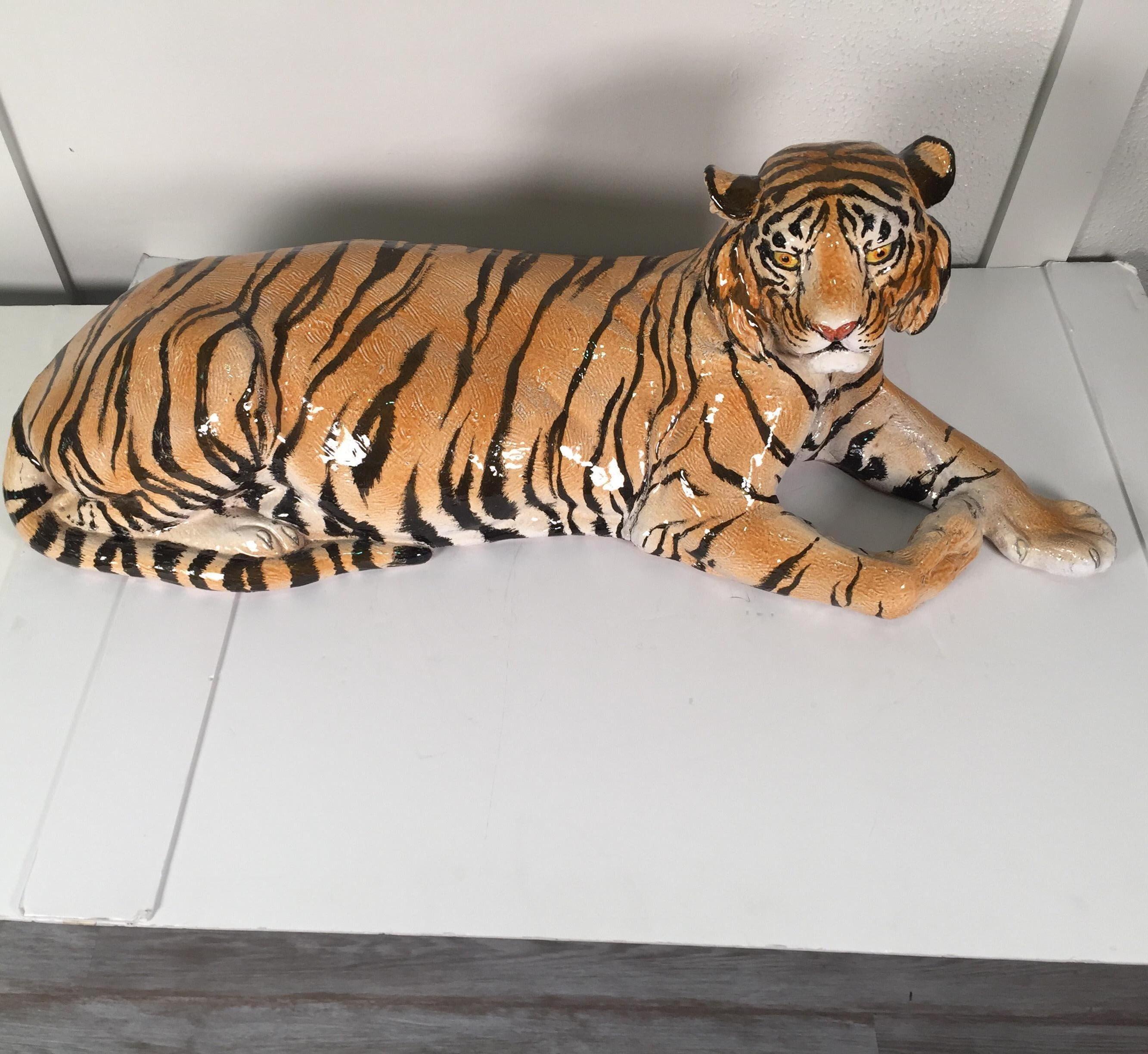 Mid-20th Century Large Midcentury Hand Painted Terra-Cotta Tiger, Signed on Base Made in Italy