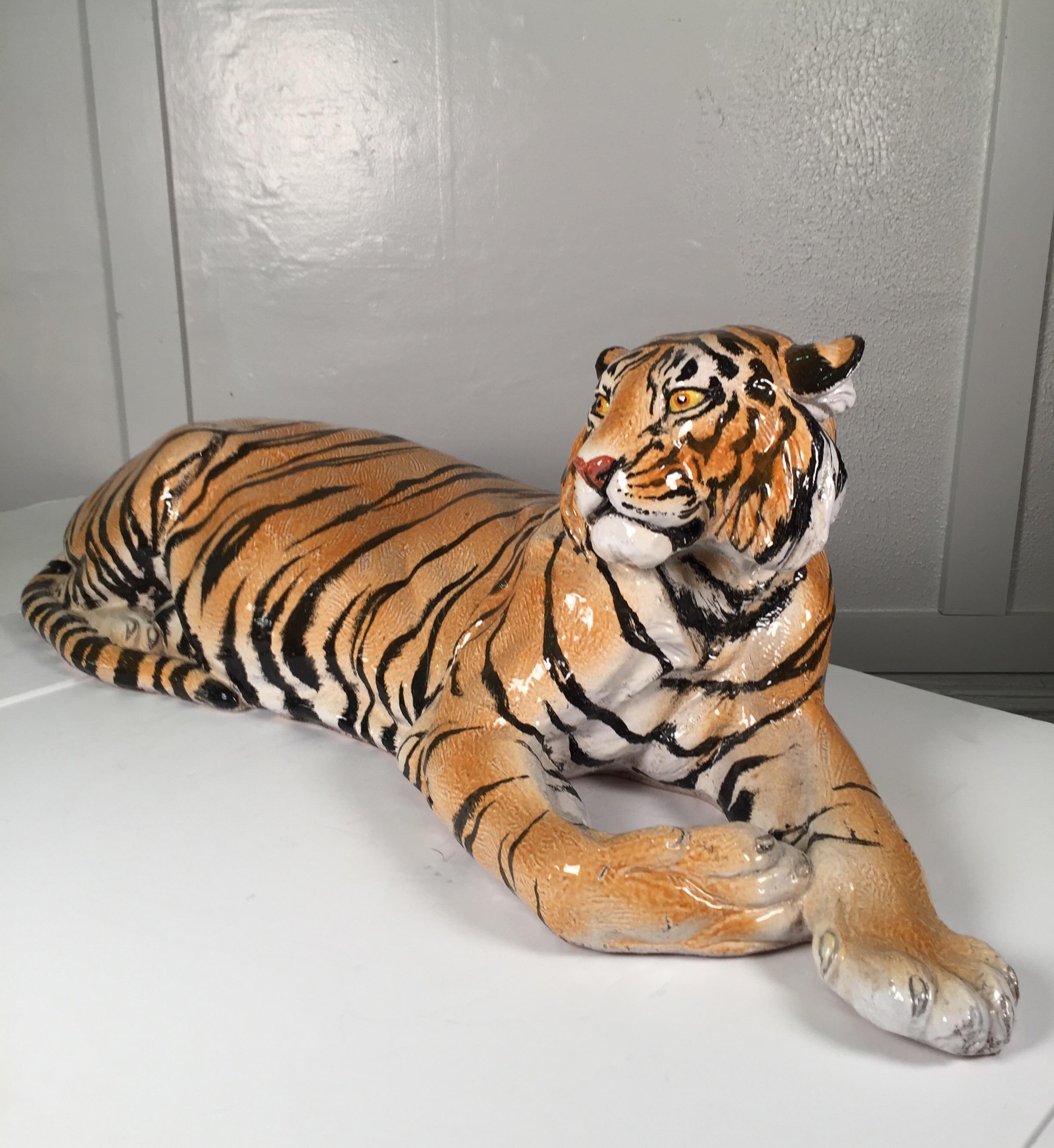 Terracotta Large Midcentury Hand Painted Terra-Cotta Tiger, Signed on Base Made in Italy