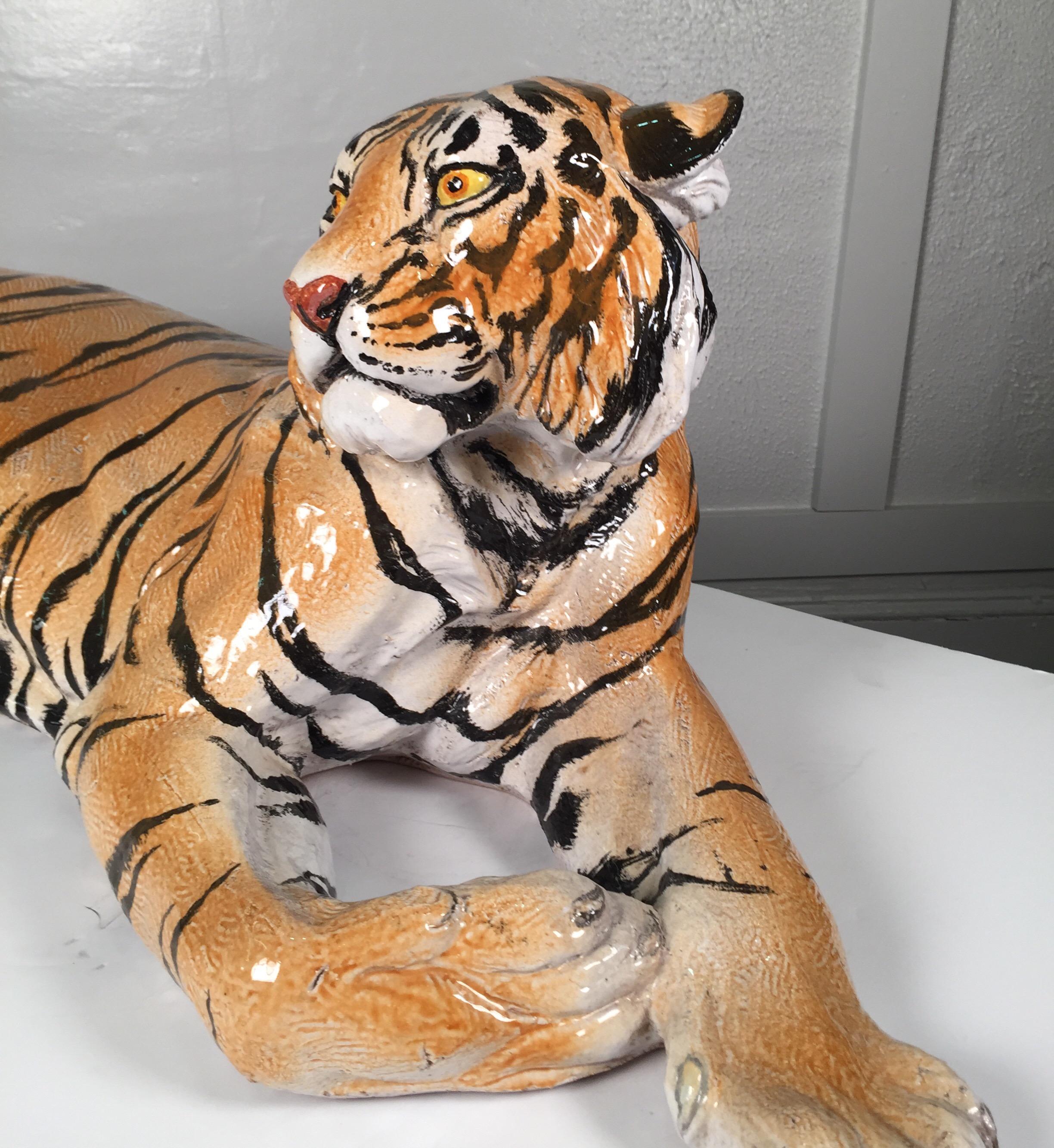 Large Midcentury Hand Painted Terra-Cotta Tiger, Signed on Base Made in Italy 1