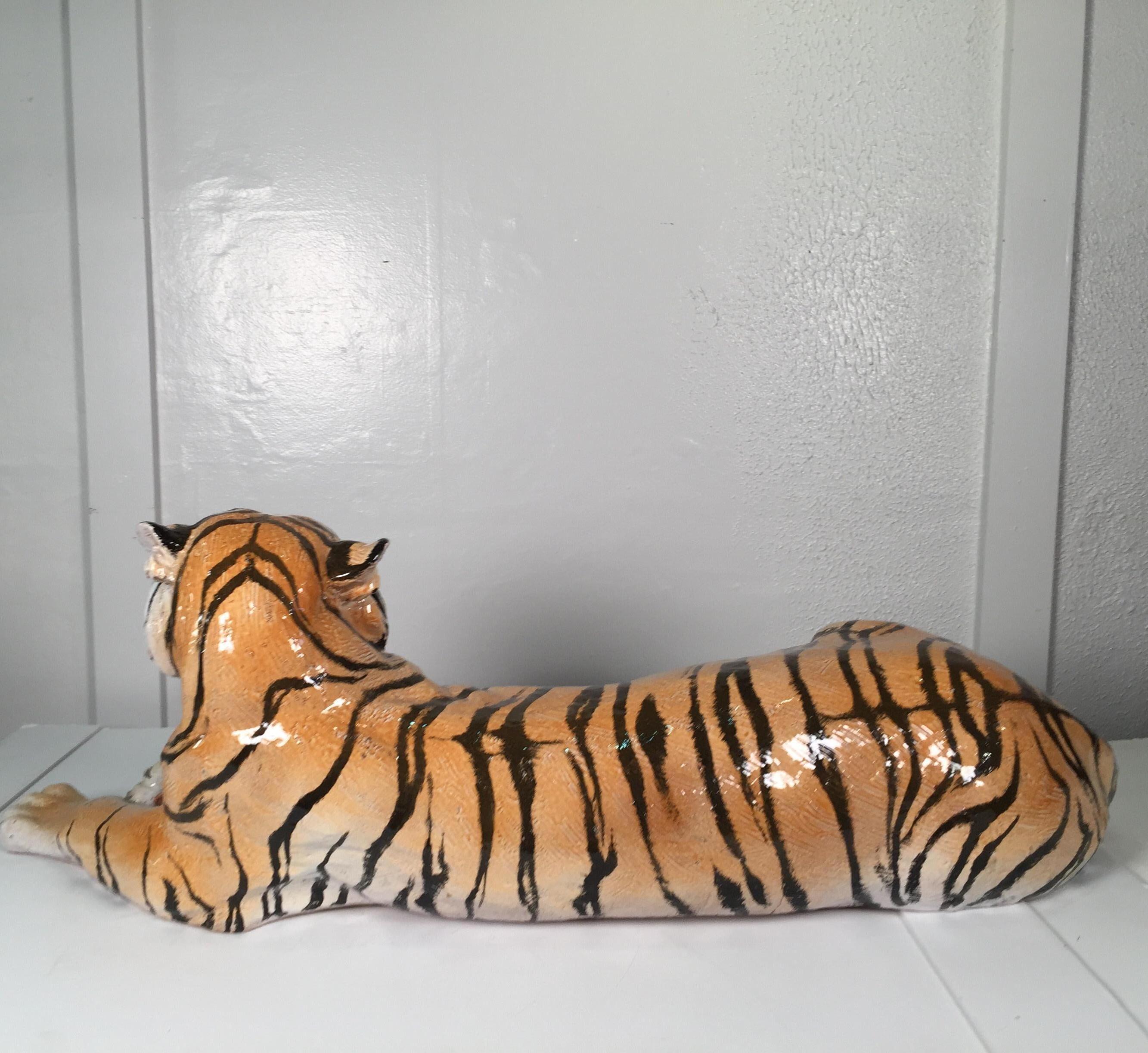 Large Midcentury Hand Painted Terra-Cotta Tiger, Signed on Base Made in Italy 2