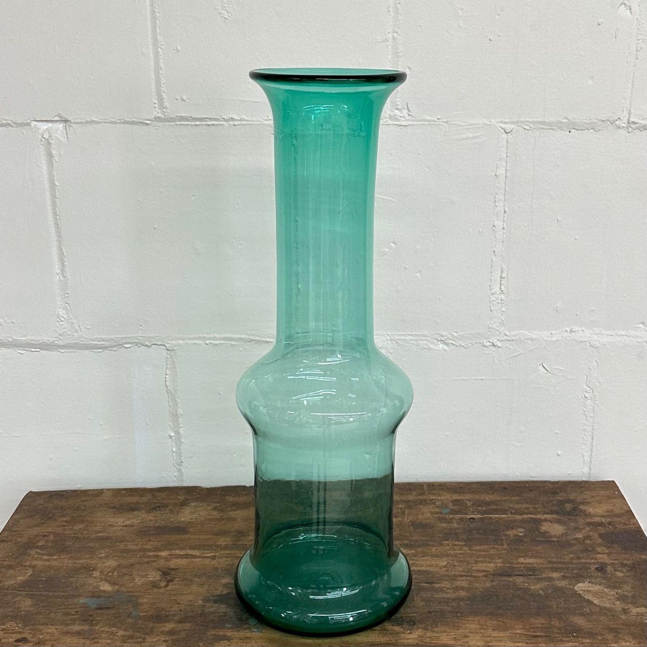 American Large Midcentury Hand Blown Glass Turquoise Long Floor or Table Vase by Blenko For Sale