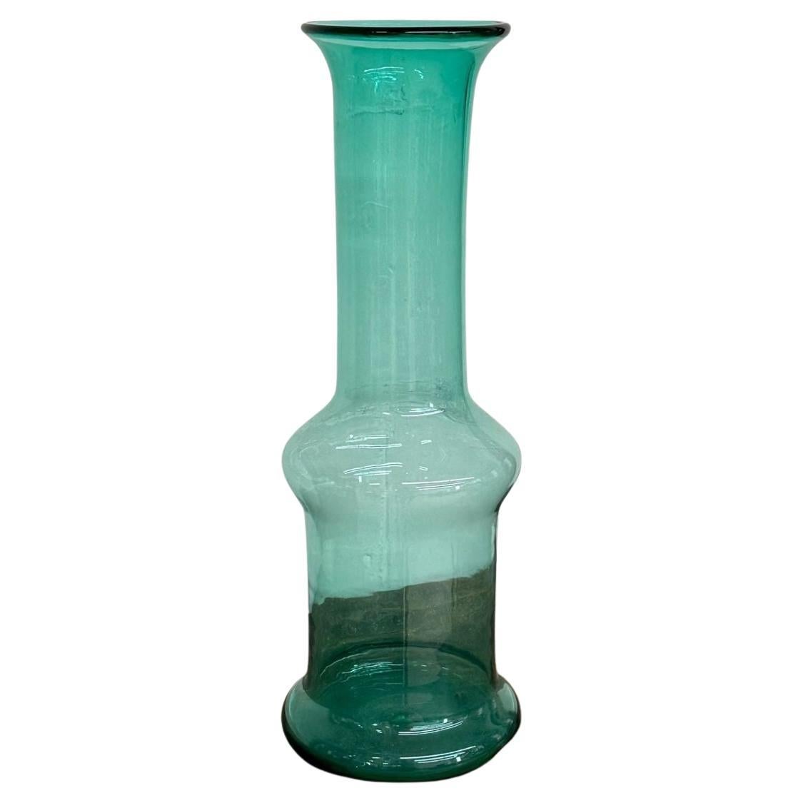 Large Midcentury Hand Blown Glass Turquoise Long Floor or Table Vase by Blenko For Sale
