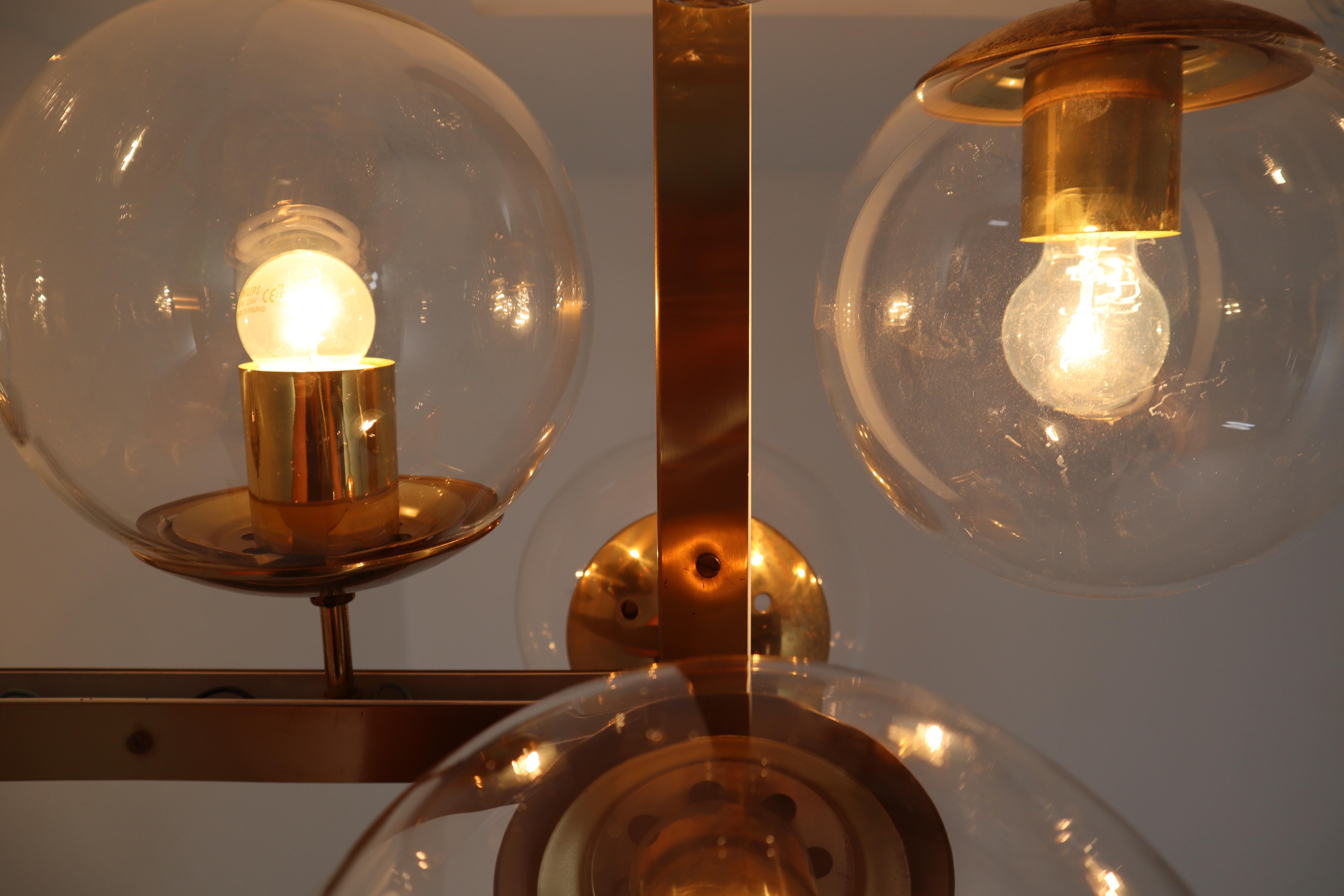 Large Midcentury Hotel Light Fixture in Brass and Hand Blown Glass Europe, 1970s 4