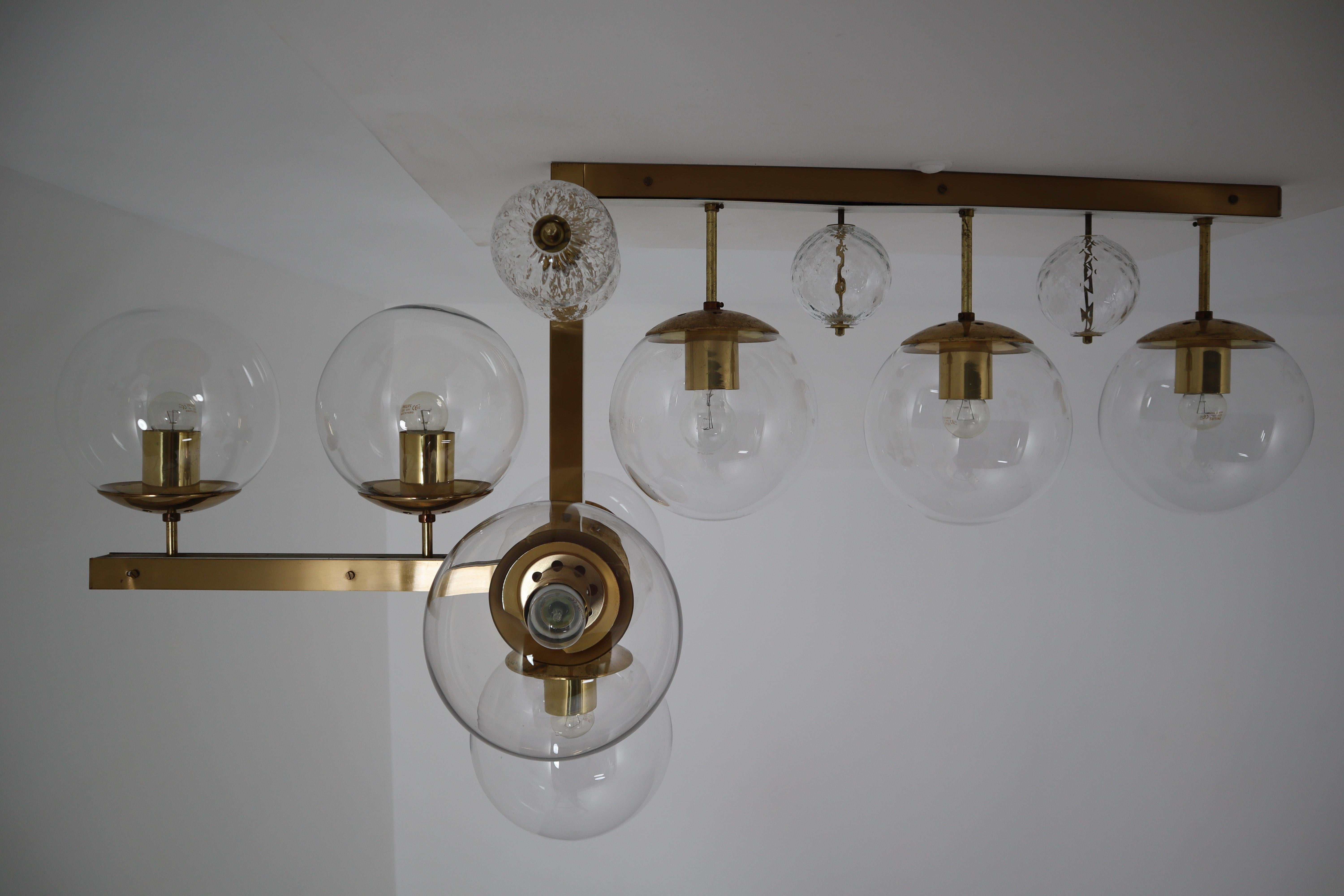 Large Midcentury Hotel Light Fixture in Brass and Hand Blown Glass Europe, 1970s 5