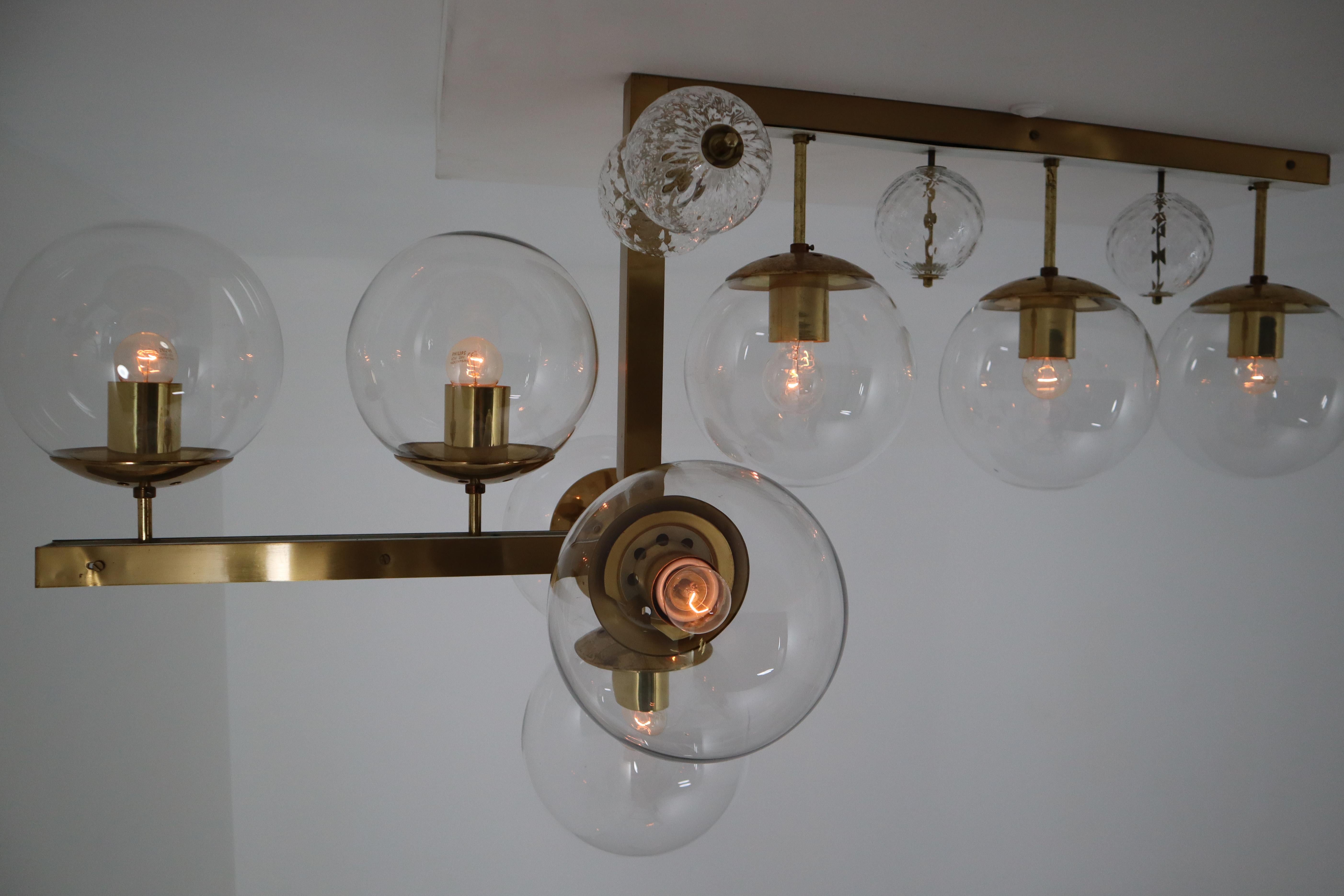 Mid-Century Modern Large Midcentury Hotel Light Fixture in Brass and Hand Blown Glass Europe, 1970s