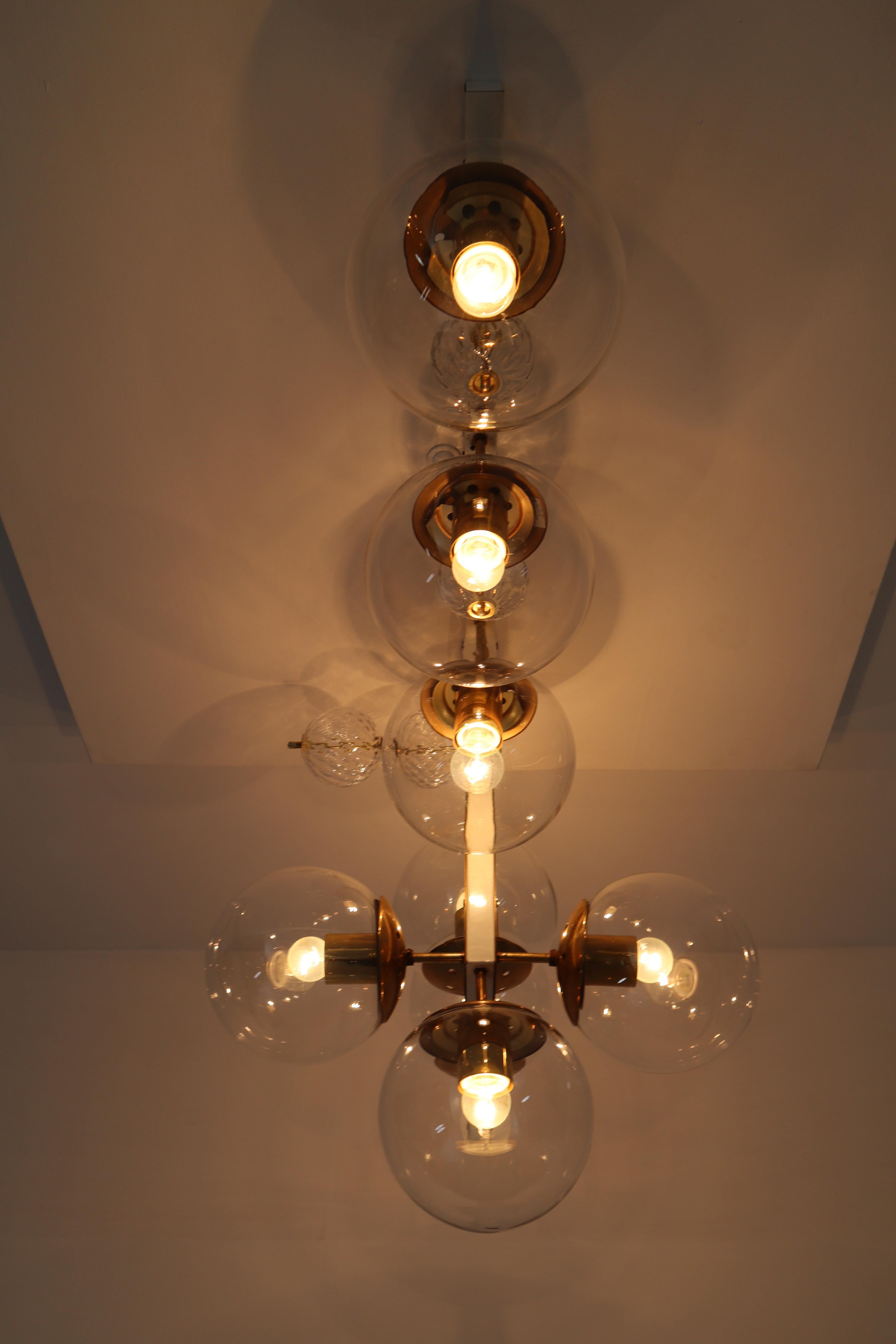 Large Midcentury Hotel Light Fixture in Brass and Hand Blown Glass Europe, 1970s 2