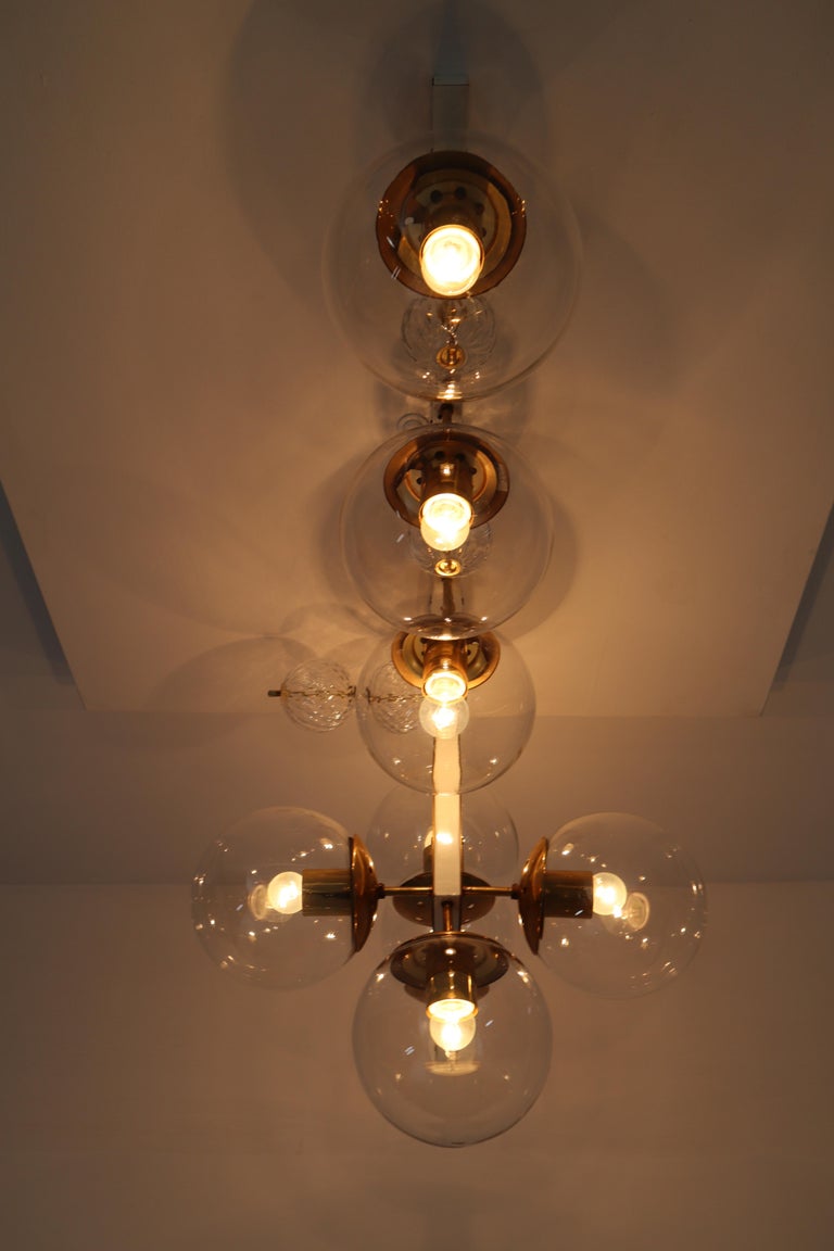 Large Midcentury Hotel Light Fixture in Brass and Hand Blown Glass Europe, 1970s For Sale at 1stDibs