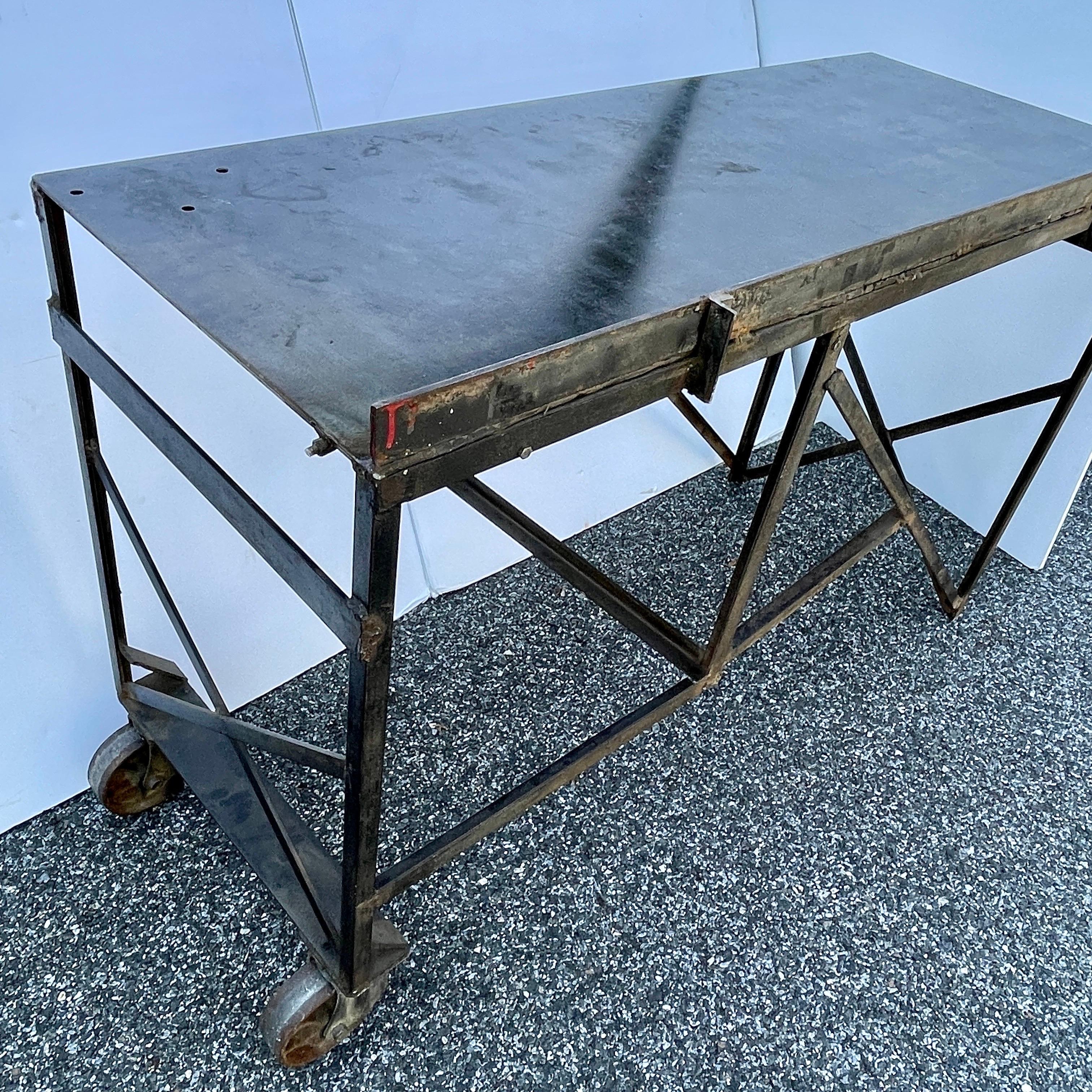 Large Mid-Century Industrial Steel Desk Work Table on Wheels For Sale 4
