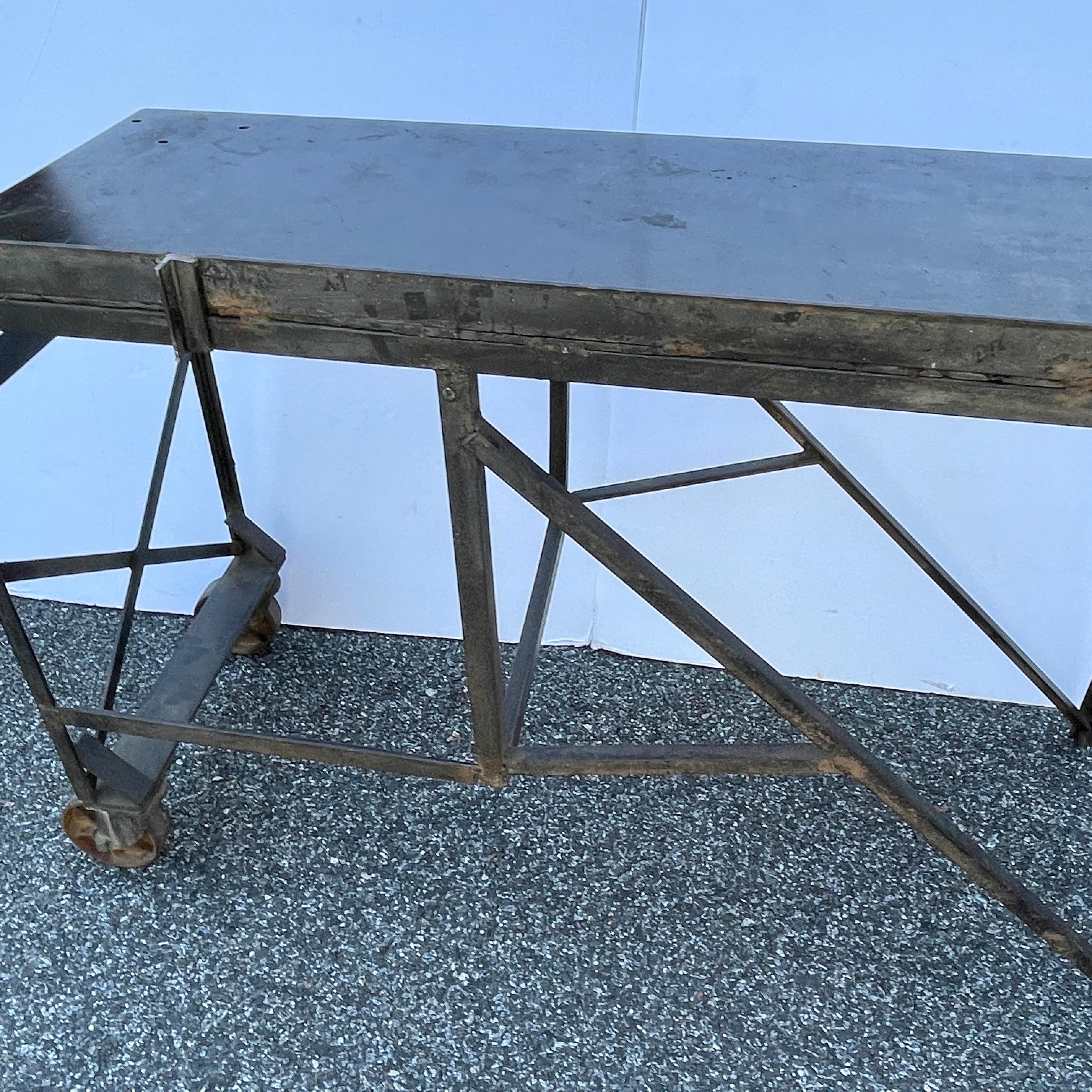 Large Mid-Century Industrial Steel Desk Work Table on Wheels For Sale 8