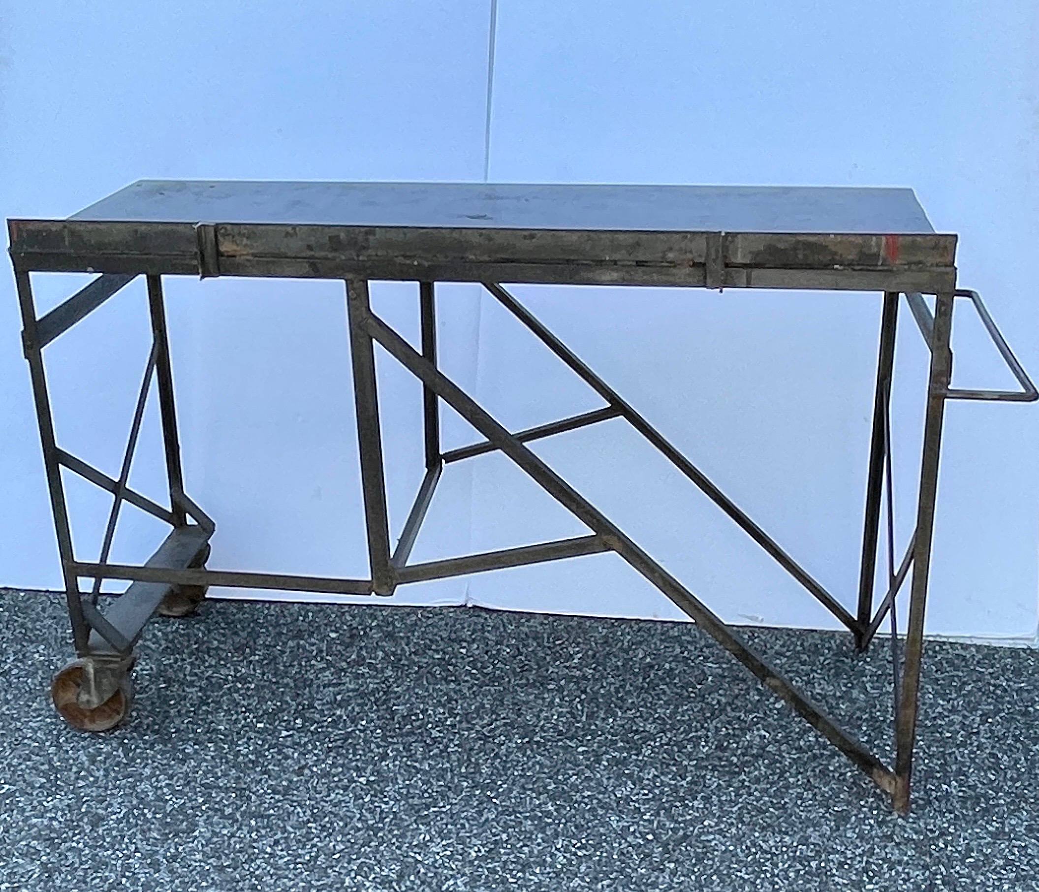 Large Mid-Century Industrial Steel Desk Work Table on Wheels For Sale 10