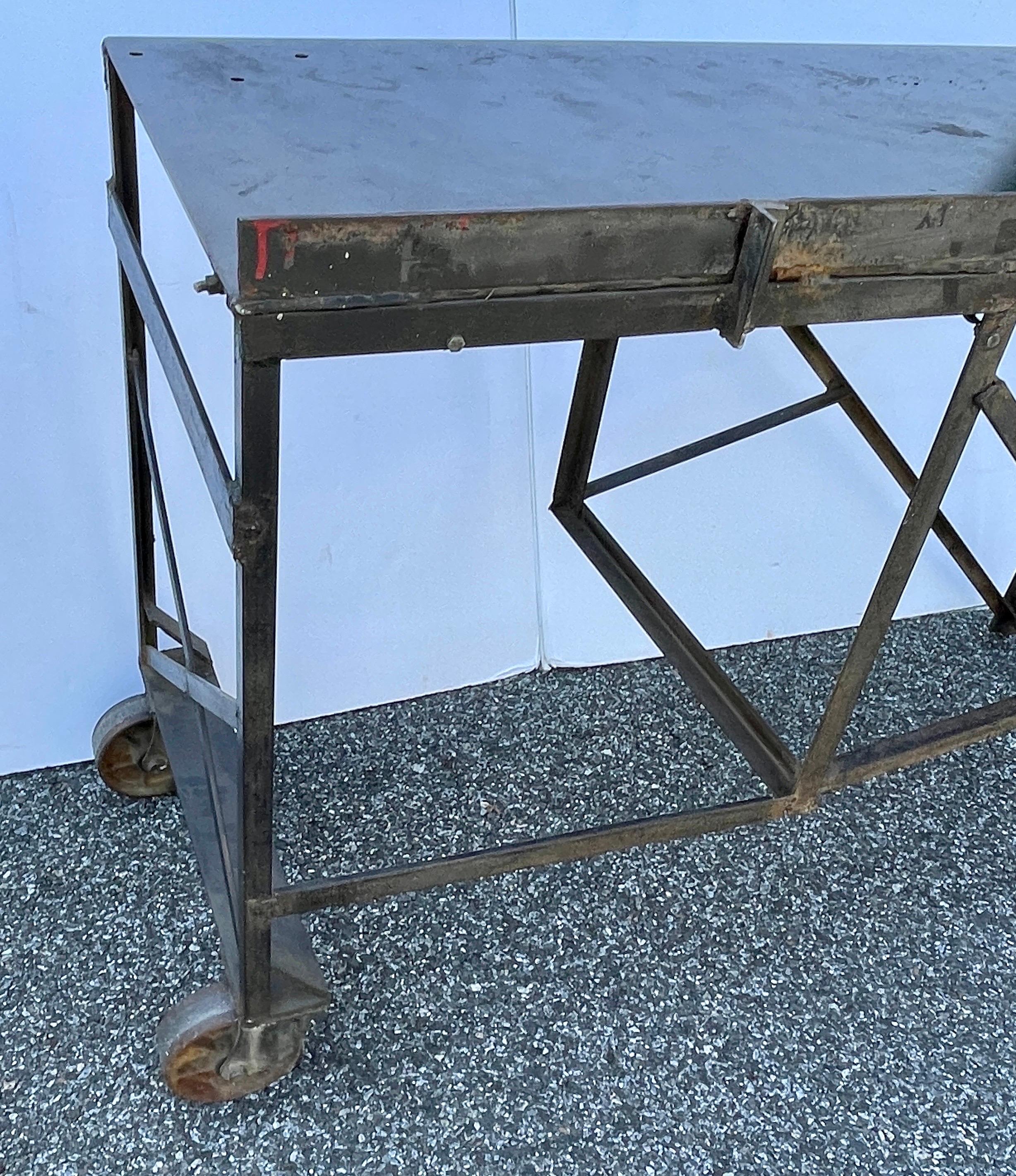 Large Mid-Century Industrial Steel Desk Work Table on Wheels For Sale 11
