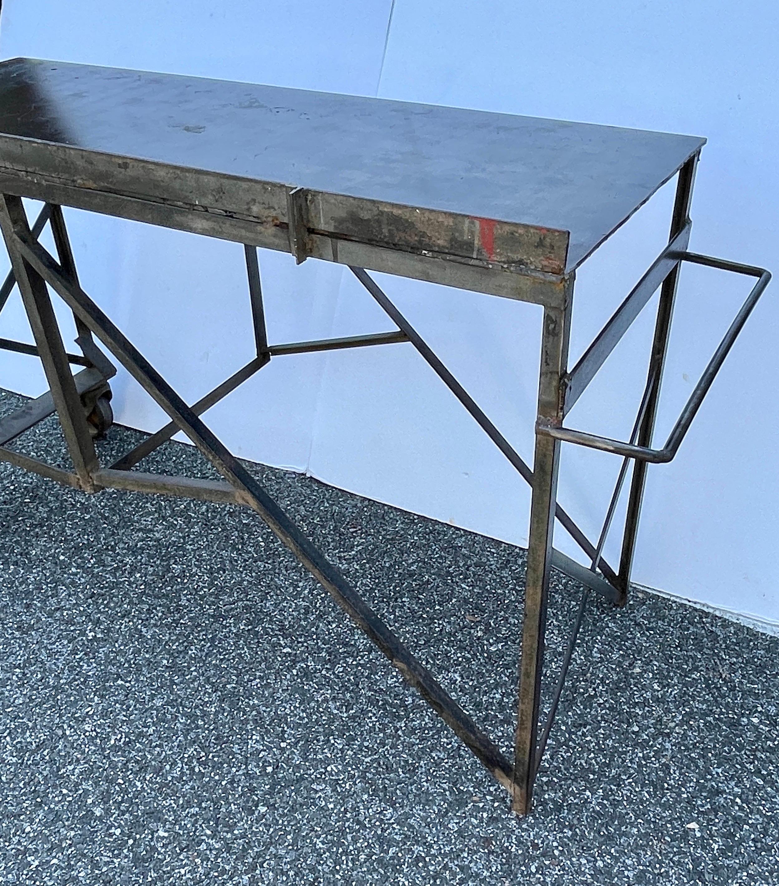 Large Mid-Century Industrial Steel Desk Work Table on Wheels For Sale 12