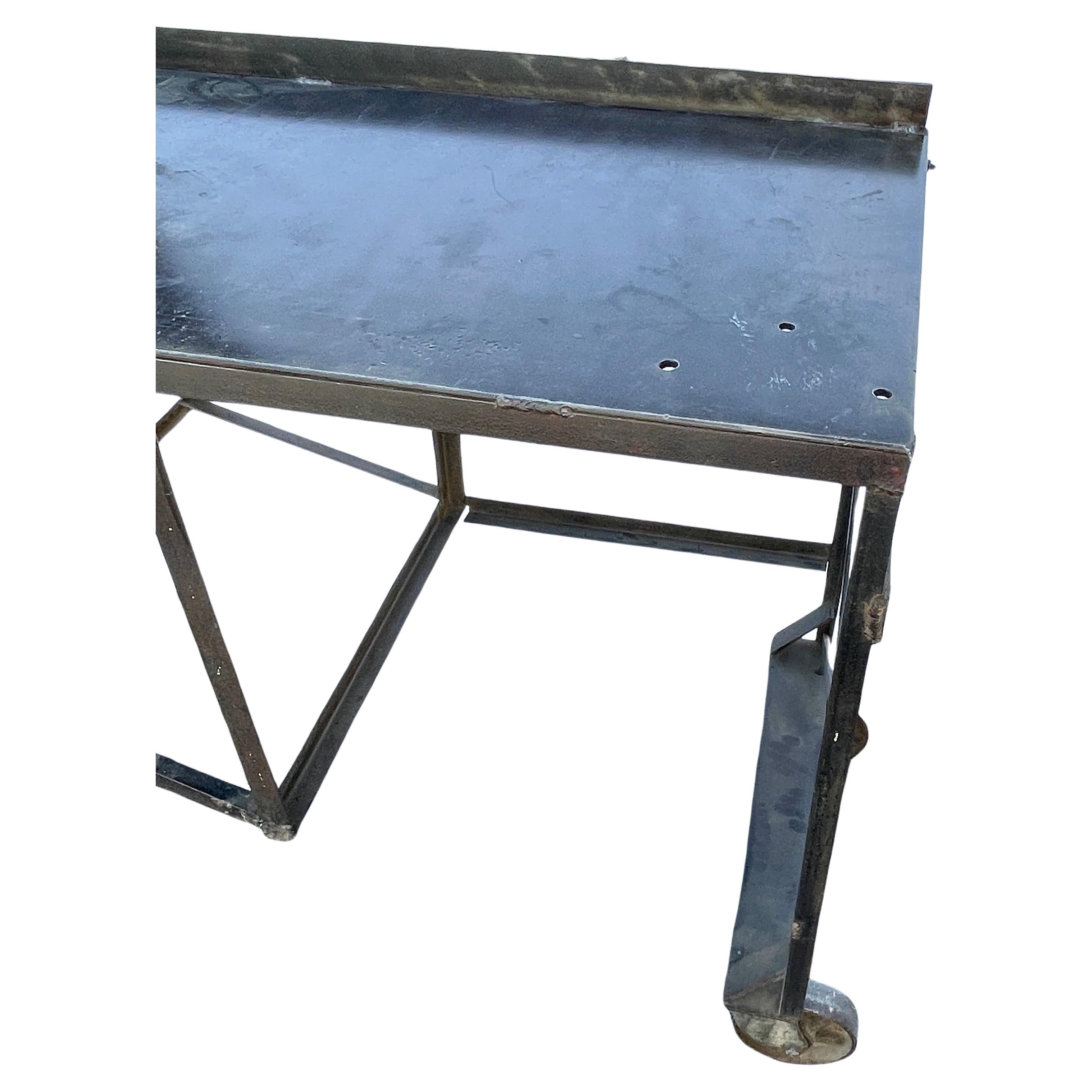 Hand-Crafted Large Mid-Century Industrial Steel Desk Work Table on Wheels For Sale
