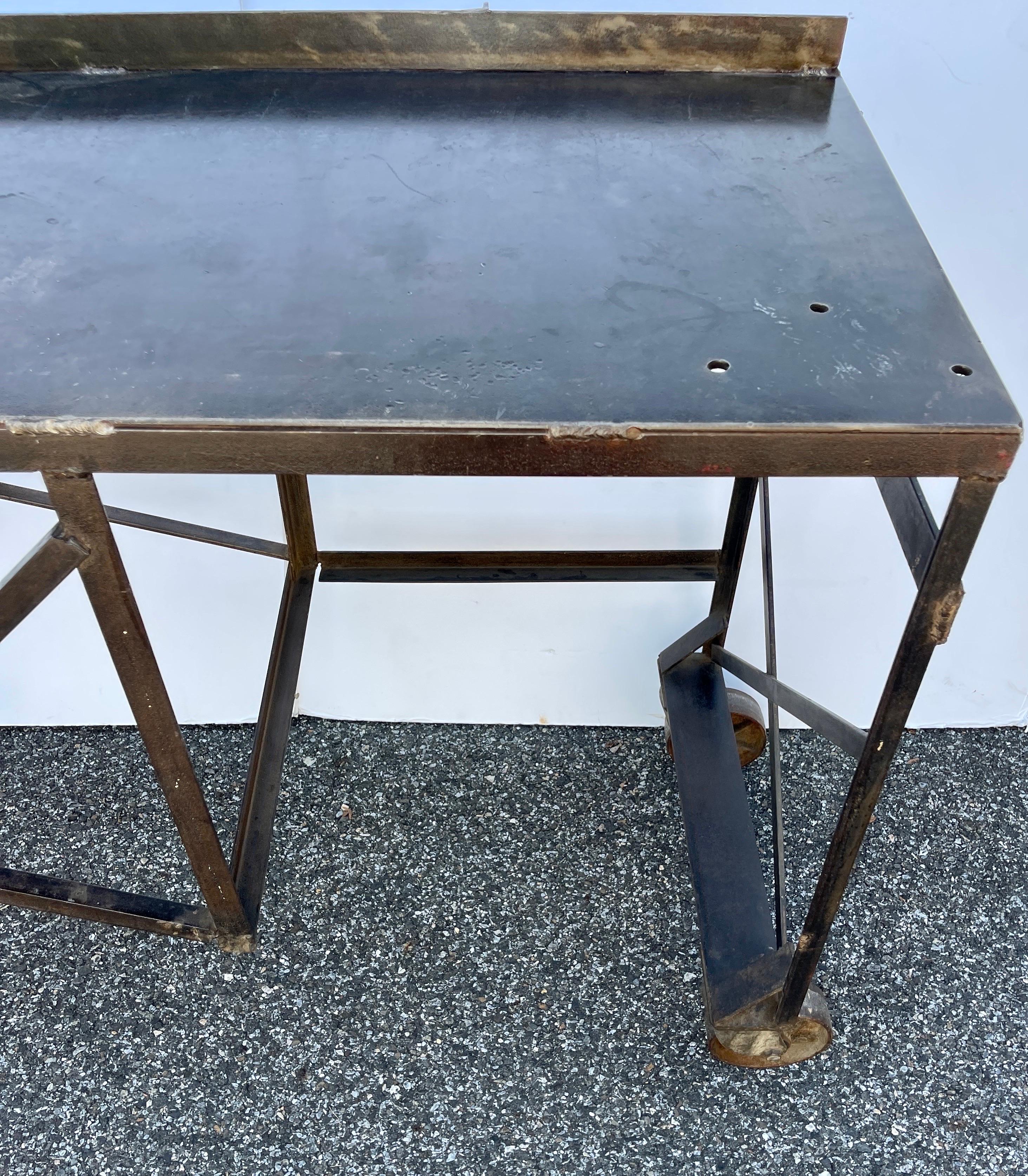 Large Mid-Century Industrial Steel Desk Work Table on Wheels For Sale 1