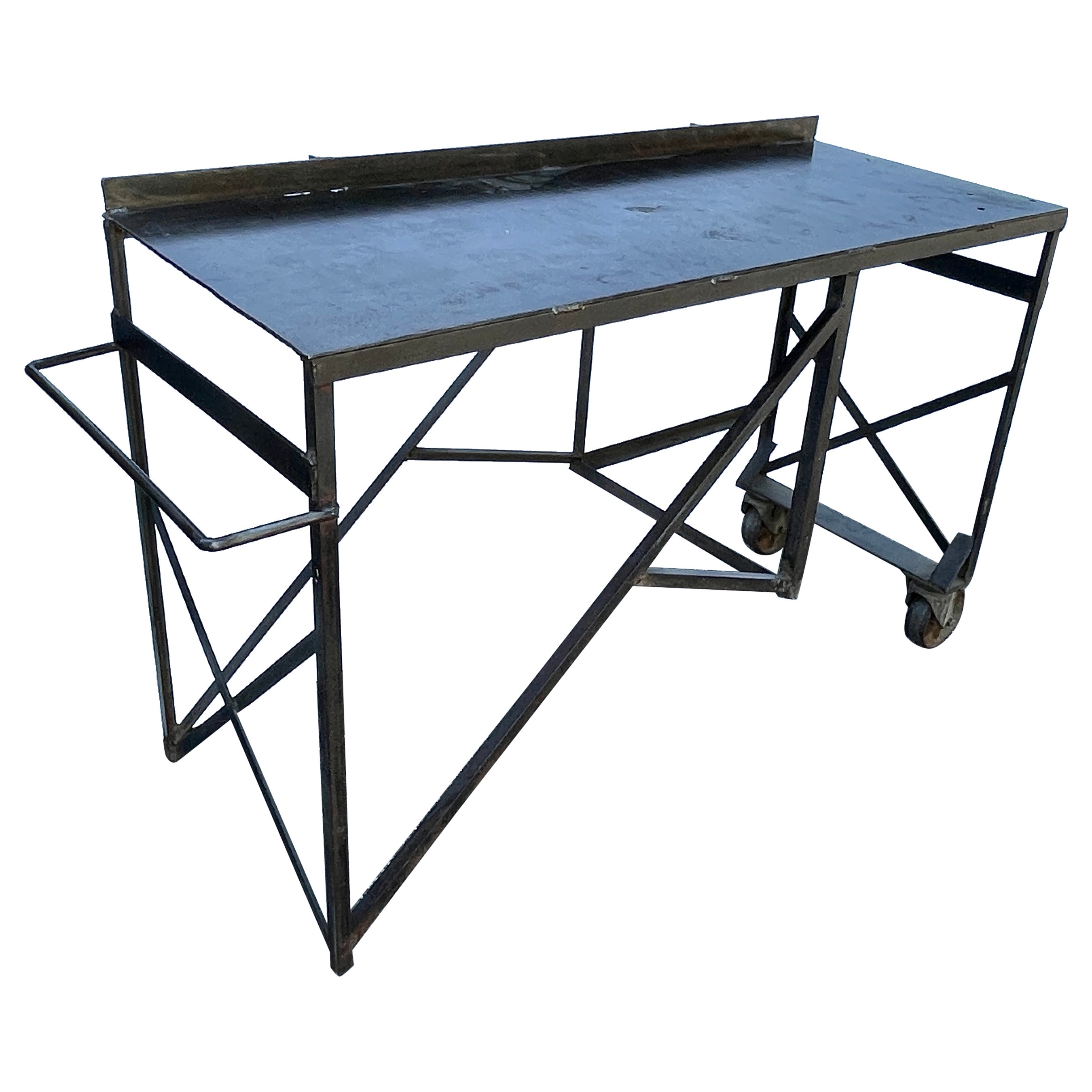 Large Mid-Century Industrial Steel Desk Work Table on Wheels
