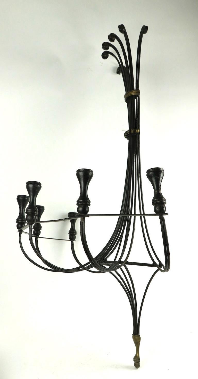 Large Mid Century Iron Brass and Wood Candle Sconce For Sale at 1stDibs