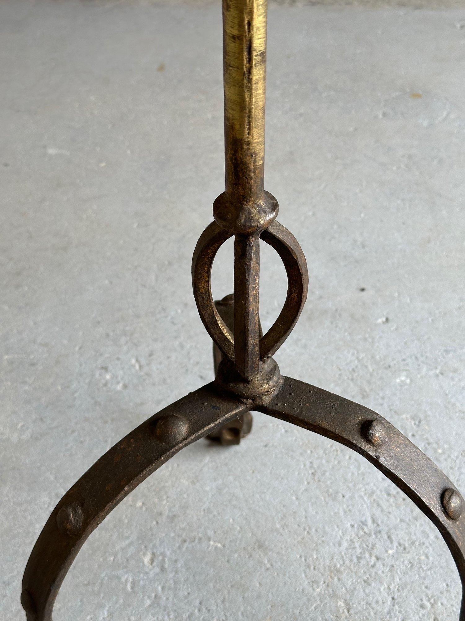 Spanish Large Mid Century Iron Side Table with Riveted Tripod Base For Sale