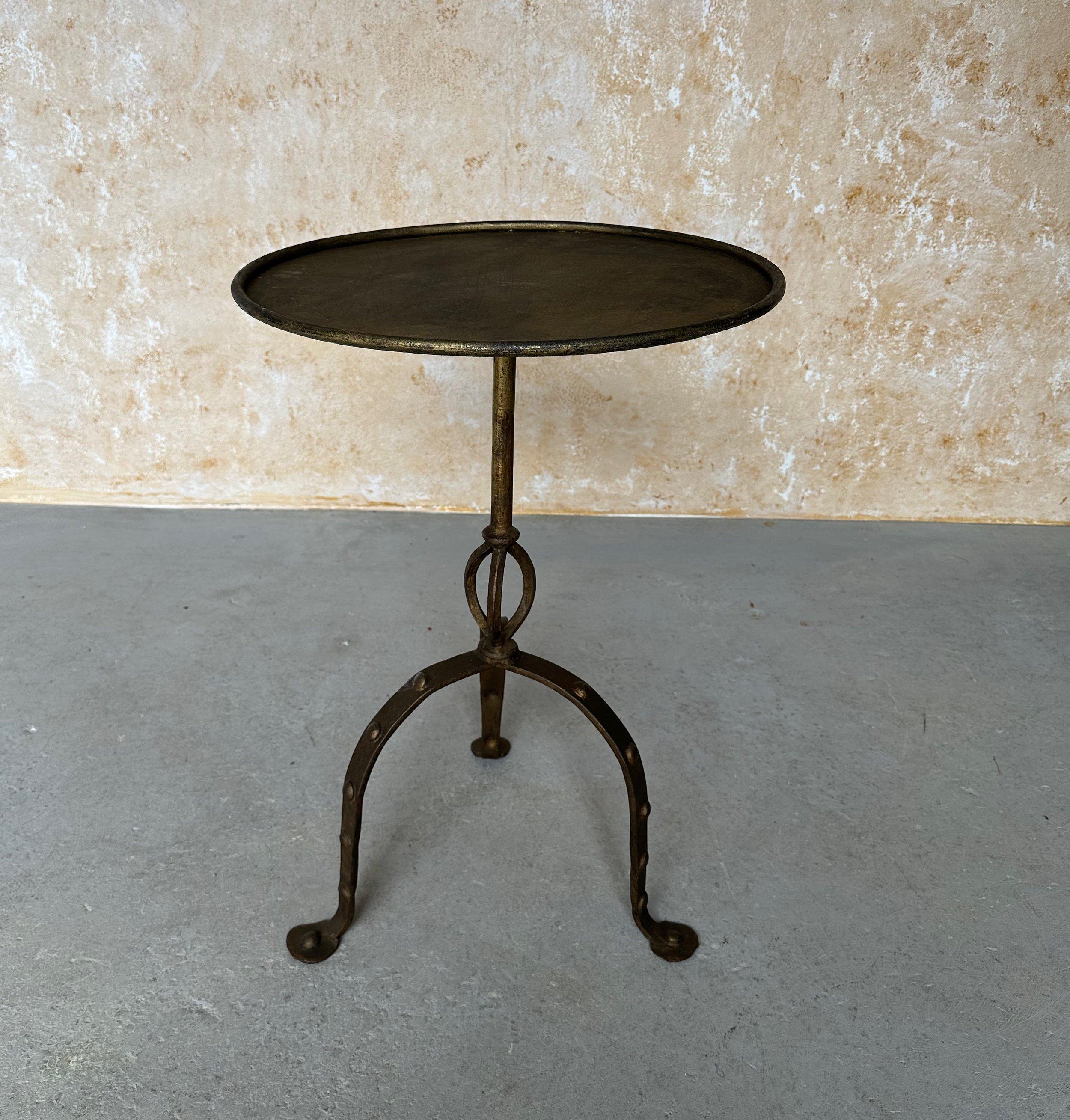 Hand-Crafted Large Mid Century Iron Side Table with Riveted Tripod Base For Sale