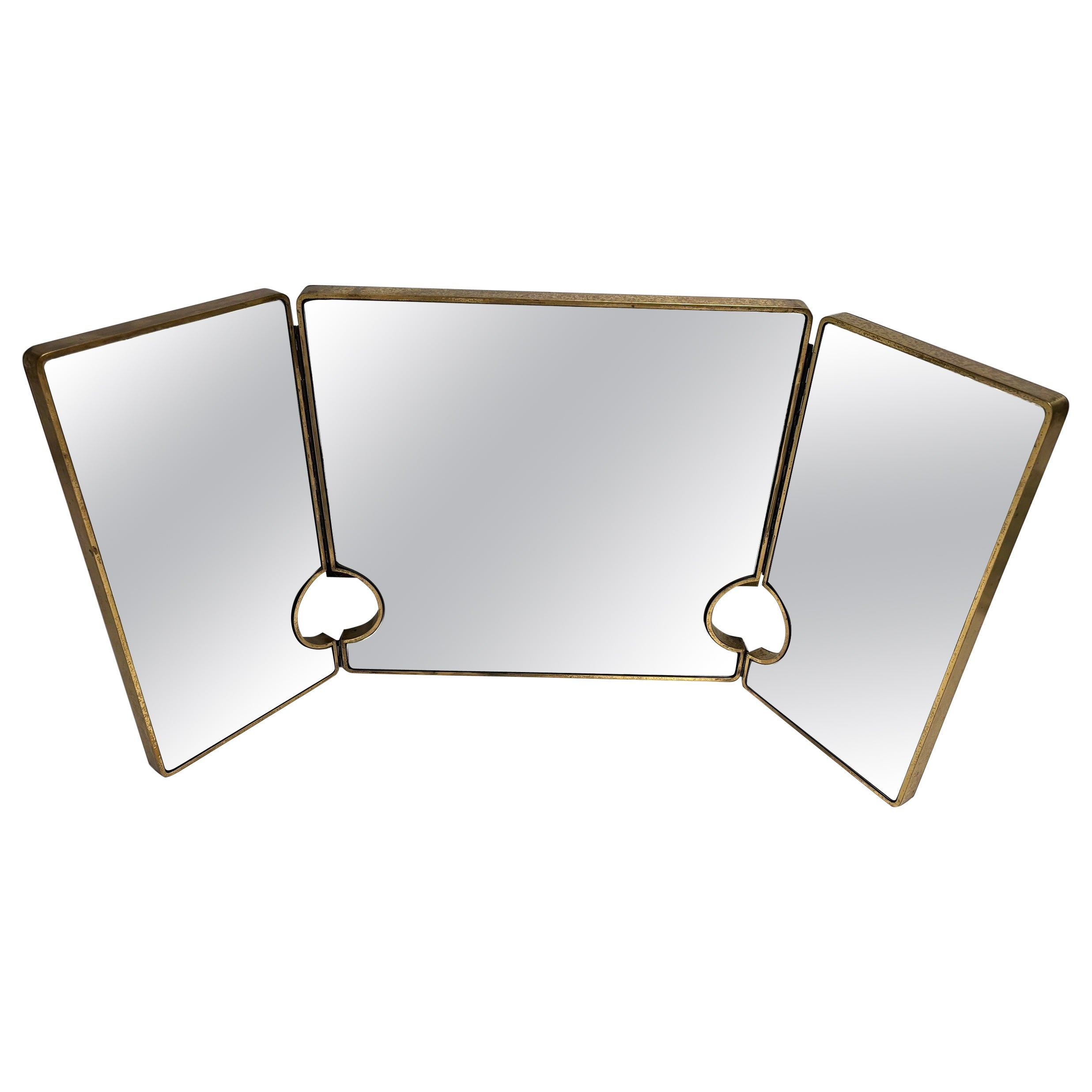 Grand miroir triple en laiton italien du milieu du siècle, années 1950 en vente