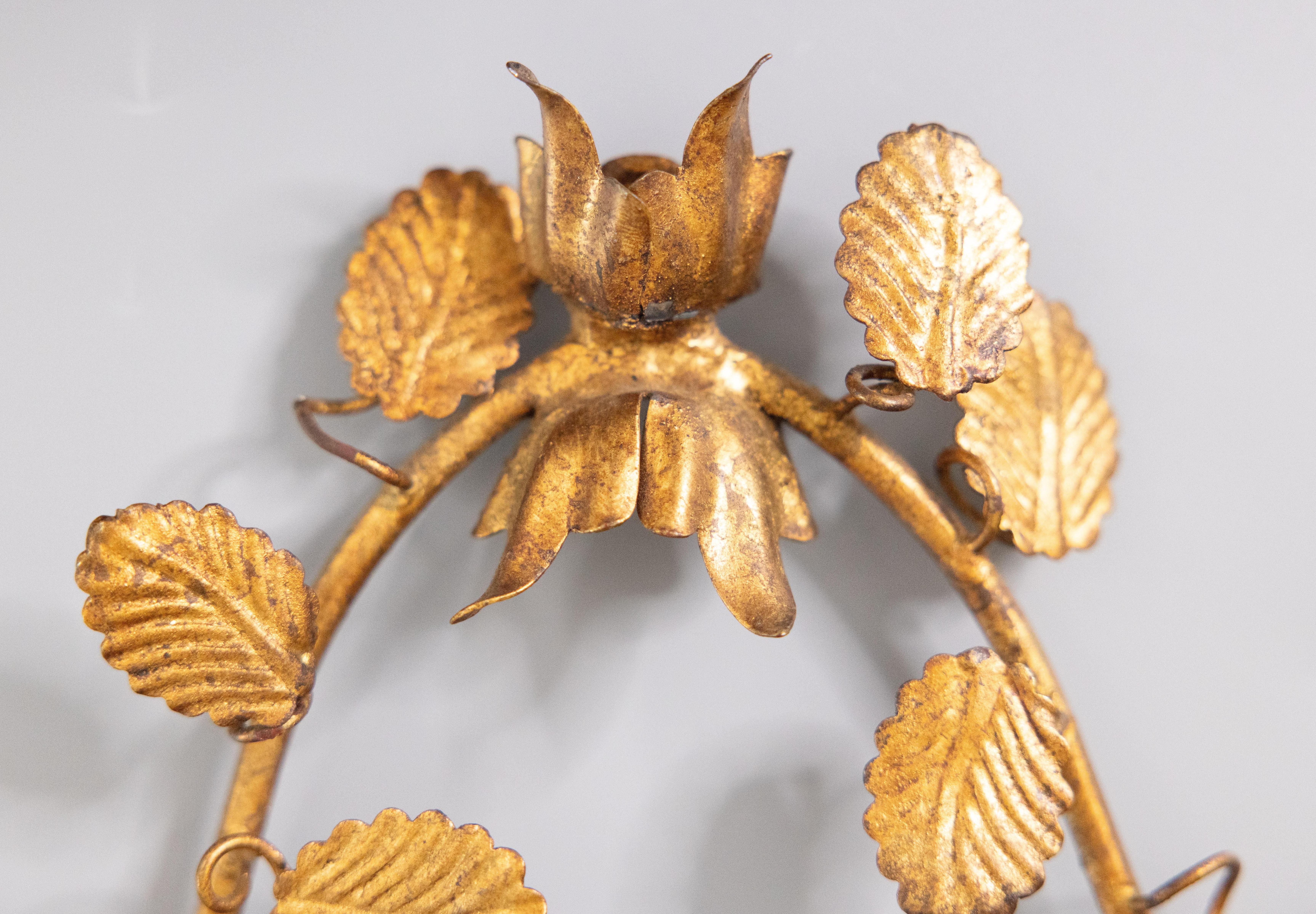 20th Century Large Mid Century Italian Gilt Tole Leaves Wall Pocket Planter For Sale