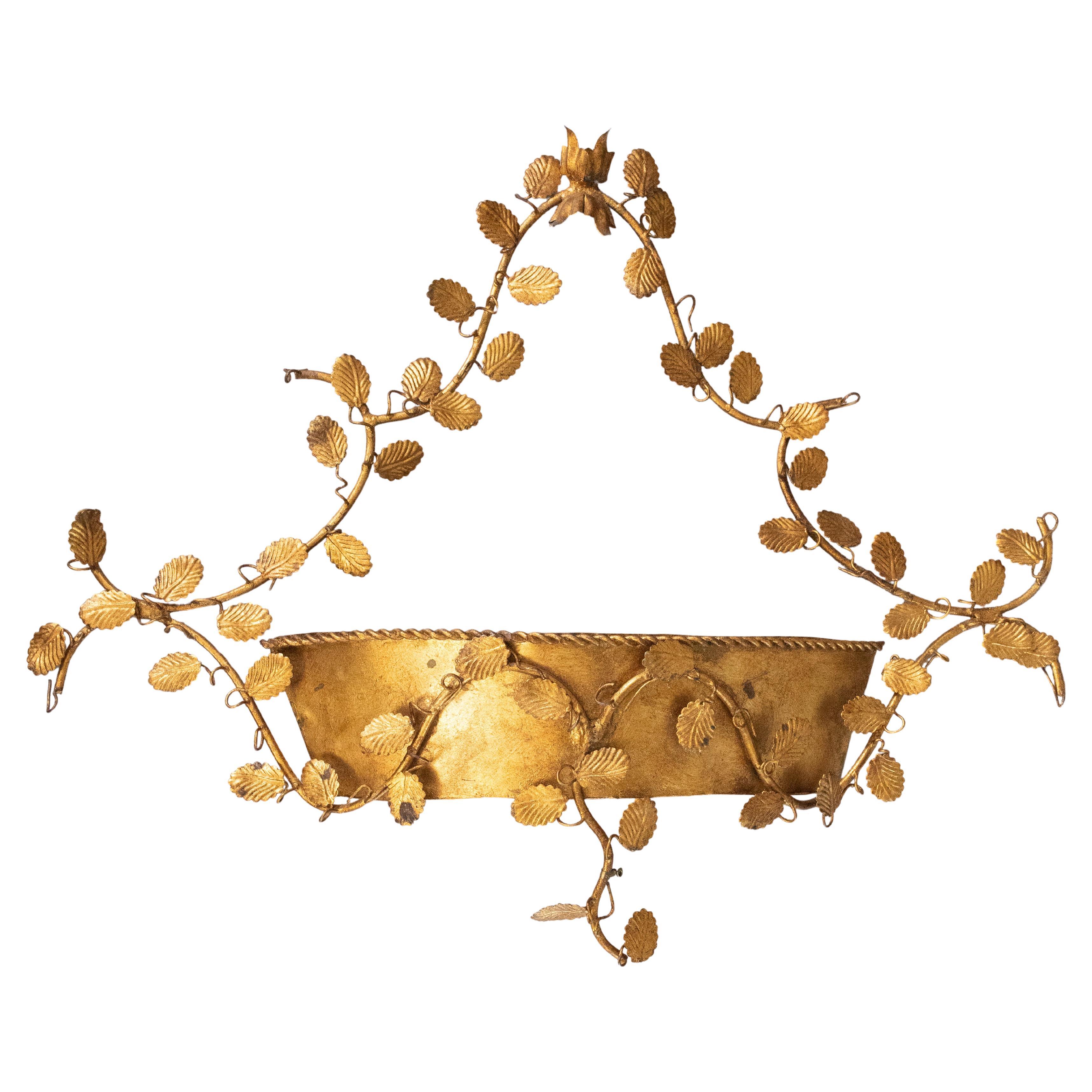 Large Mid Century Italian Gilt Tole Leaves Wall Pocket Planter For Sale