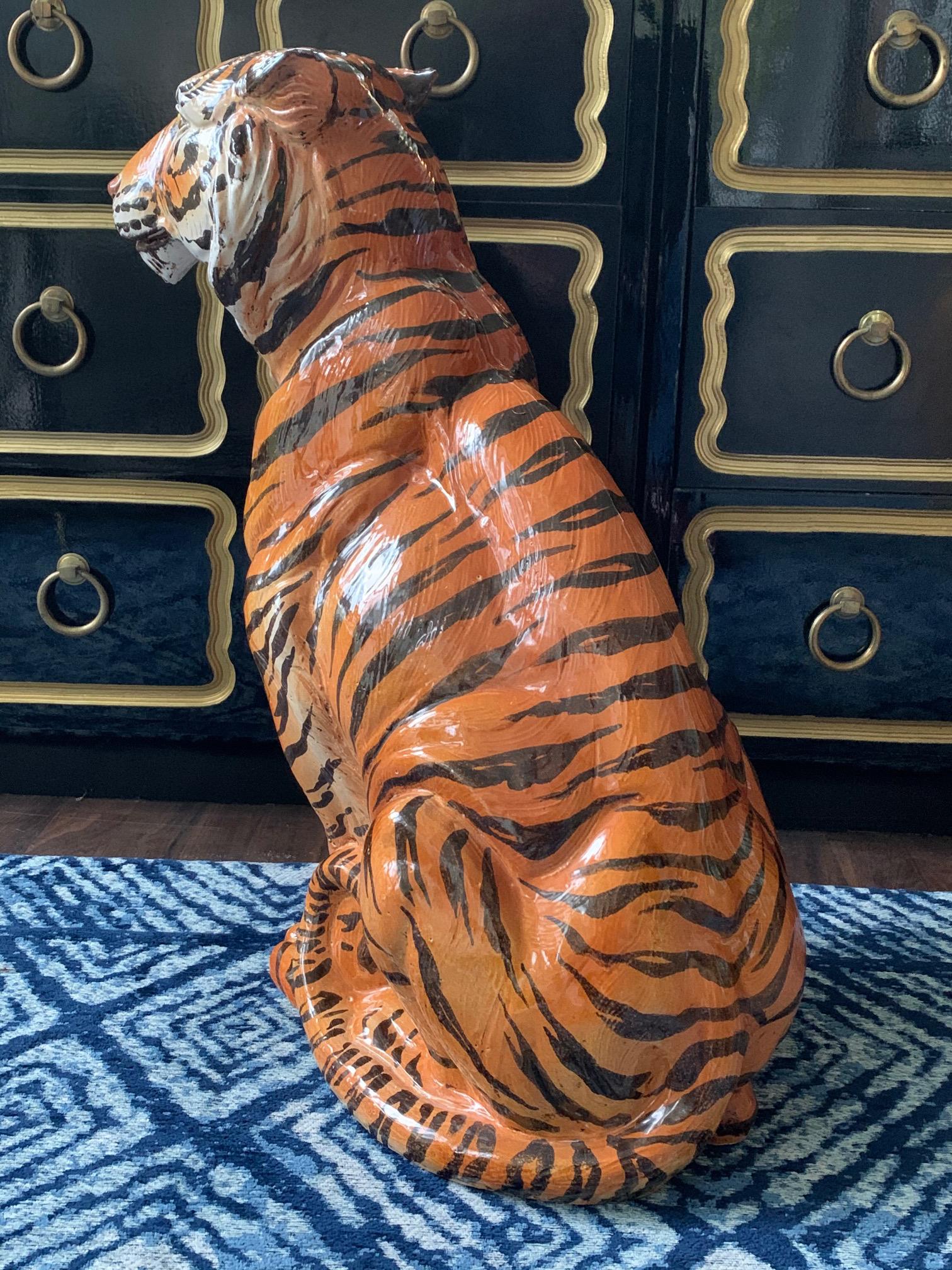 Hollywood Regency Large Mid Century Italian Glazed Ceramic Tiger Statue
